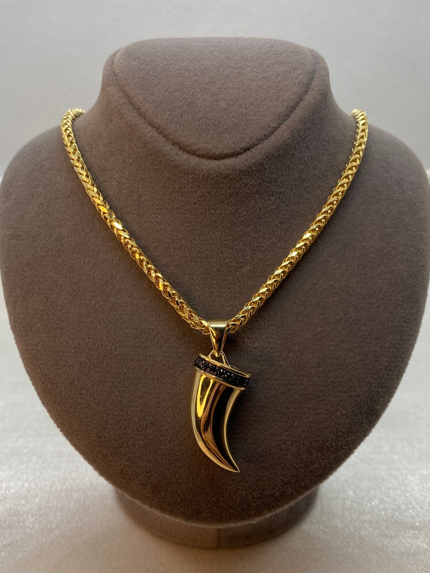 14k Solid Gold Lion Tooth Pendant  with cubic zirconia and  14k Franco chain Diamond Cut , symbol of leadership and power ,For Him ,For Her