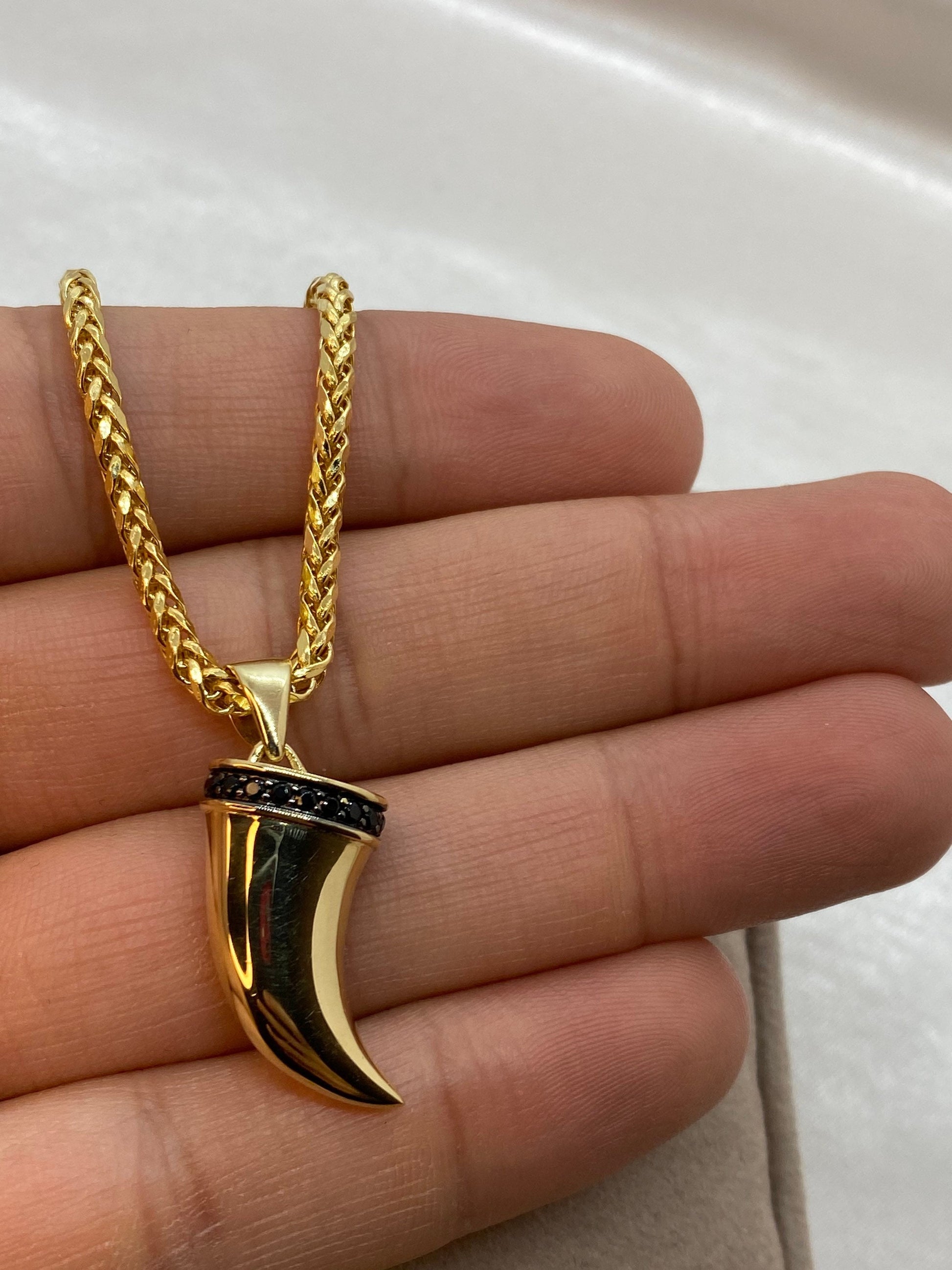 14k Solid Gold Lion Tooth Pendant with cubic zirconia and 14k