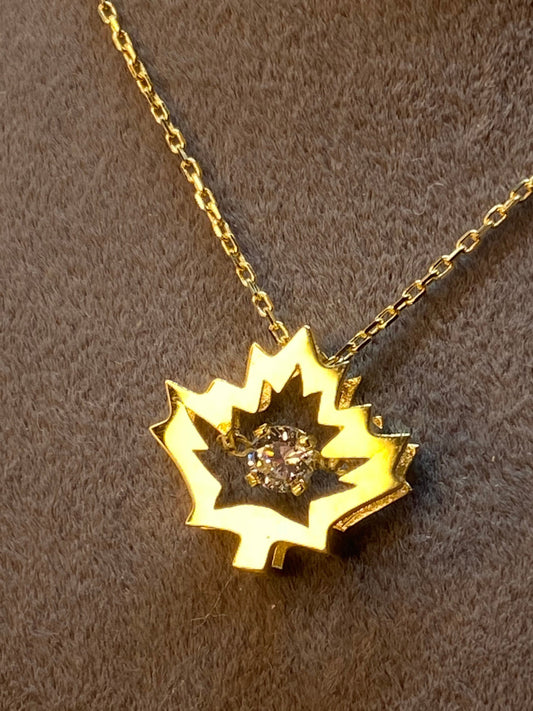 18k Gold Maple leaf Necklace with one cubic zirconia ,1mm ,17.5" , maple leaf necklace , Canadian symbol , Canada Gift, Birthday Gift