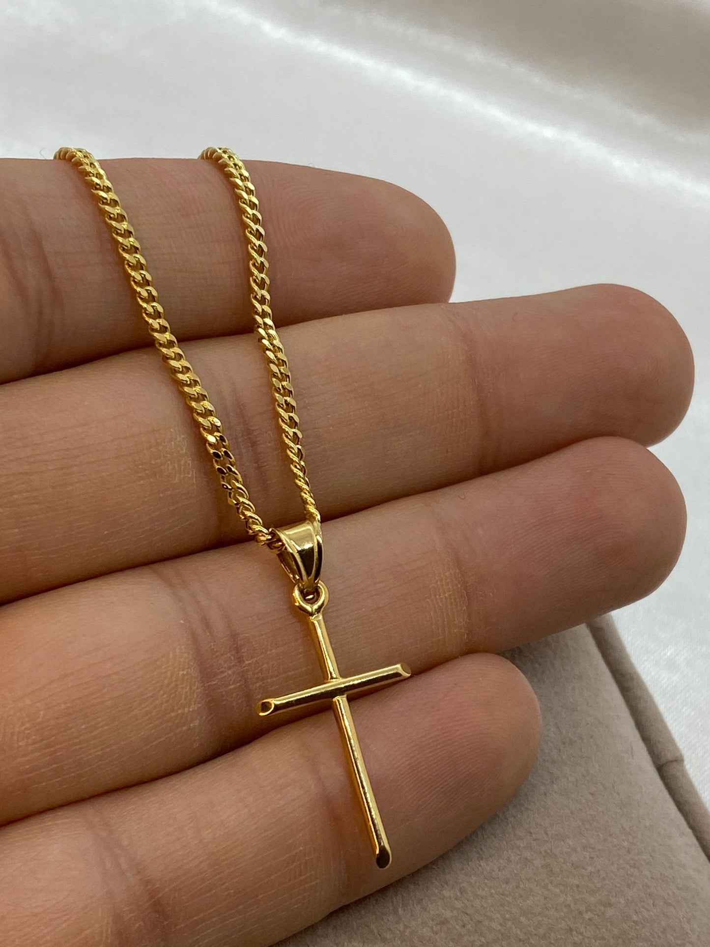 18k solid Gold Cross Necklace with curb chain Diamond Cut So Shiny and Durable, 24 inches,2mm,Gift for Him ,Birthday Gift, Christmas gift