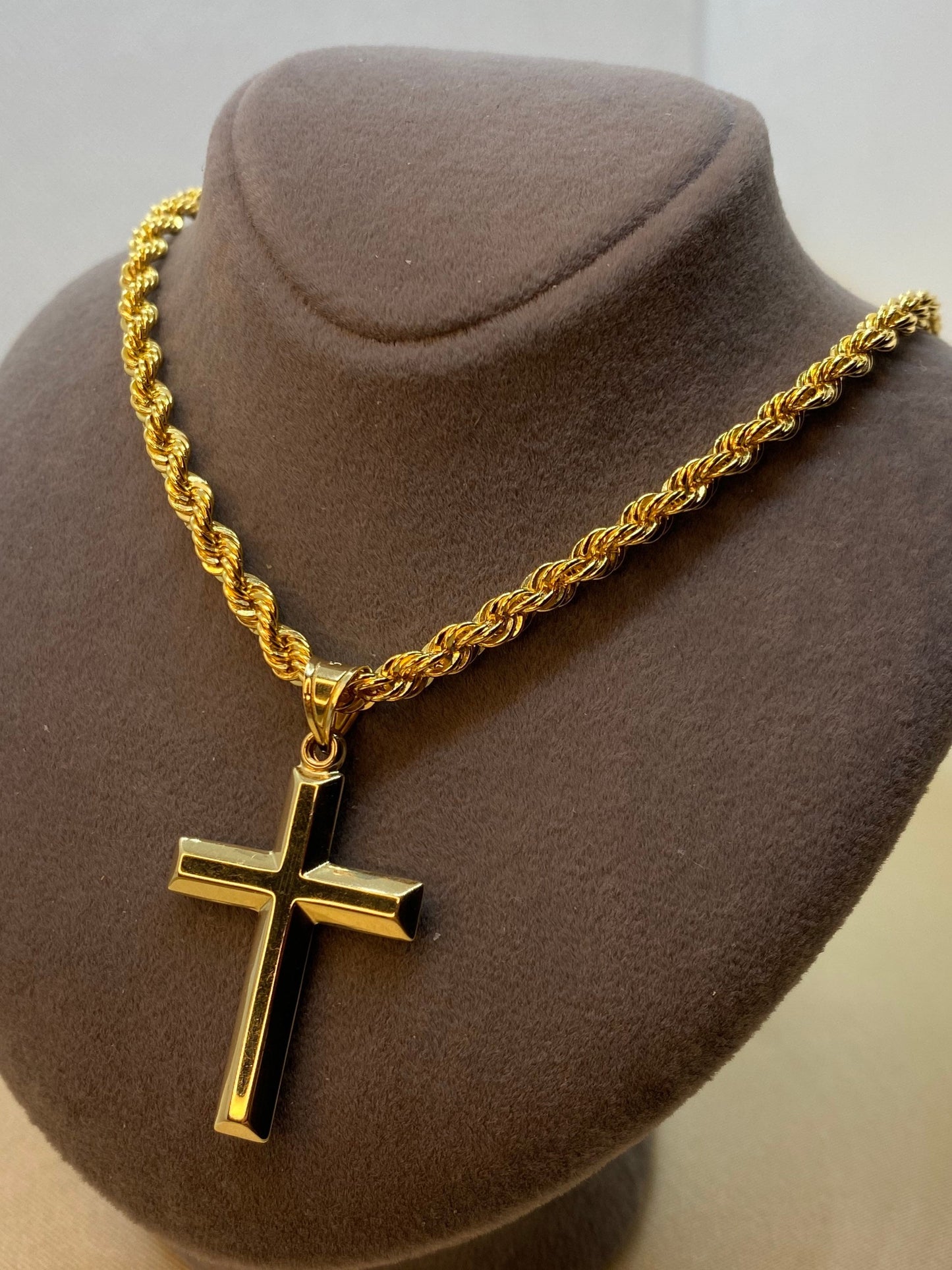 14k solid Gold Cross Necklace with Rope chain Diamond Cut So Shiny and Durable, 23.5 inches,4mm