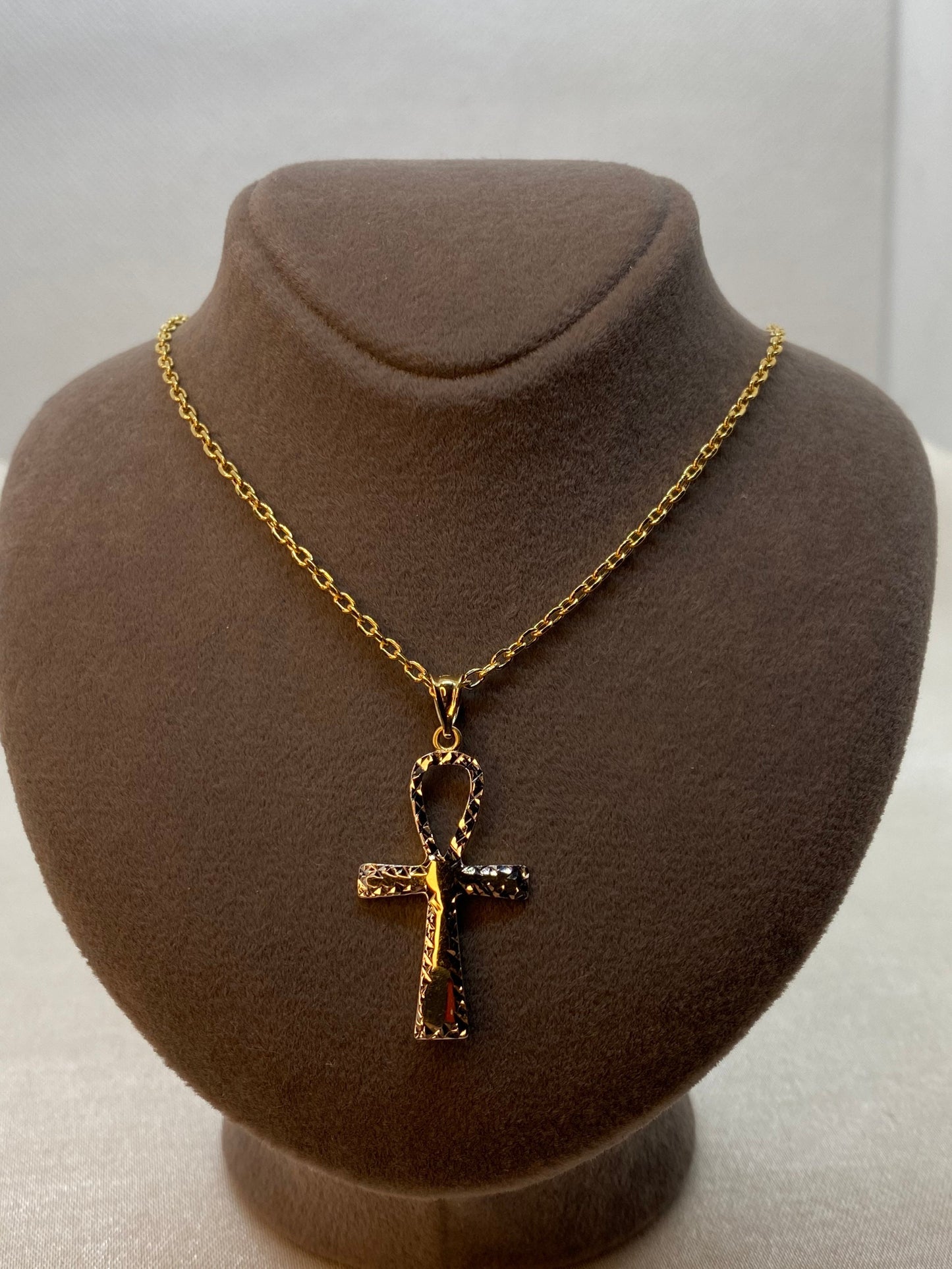 14K Gold Ankh Cross pendant Diamond cut with 18k Gold cable chain 17.5" ,Unique Ankh Cross ,Gold Ankh Cross , For birthday gift ,For Her . .