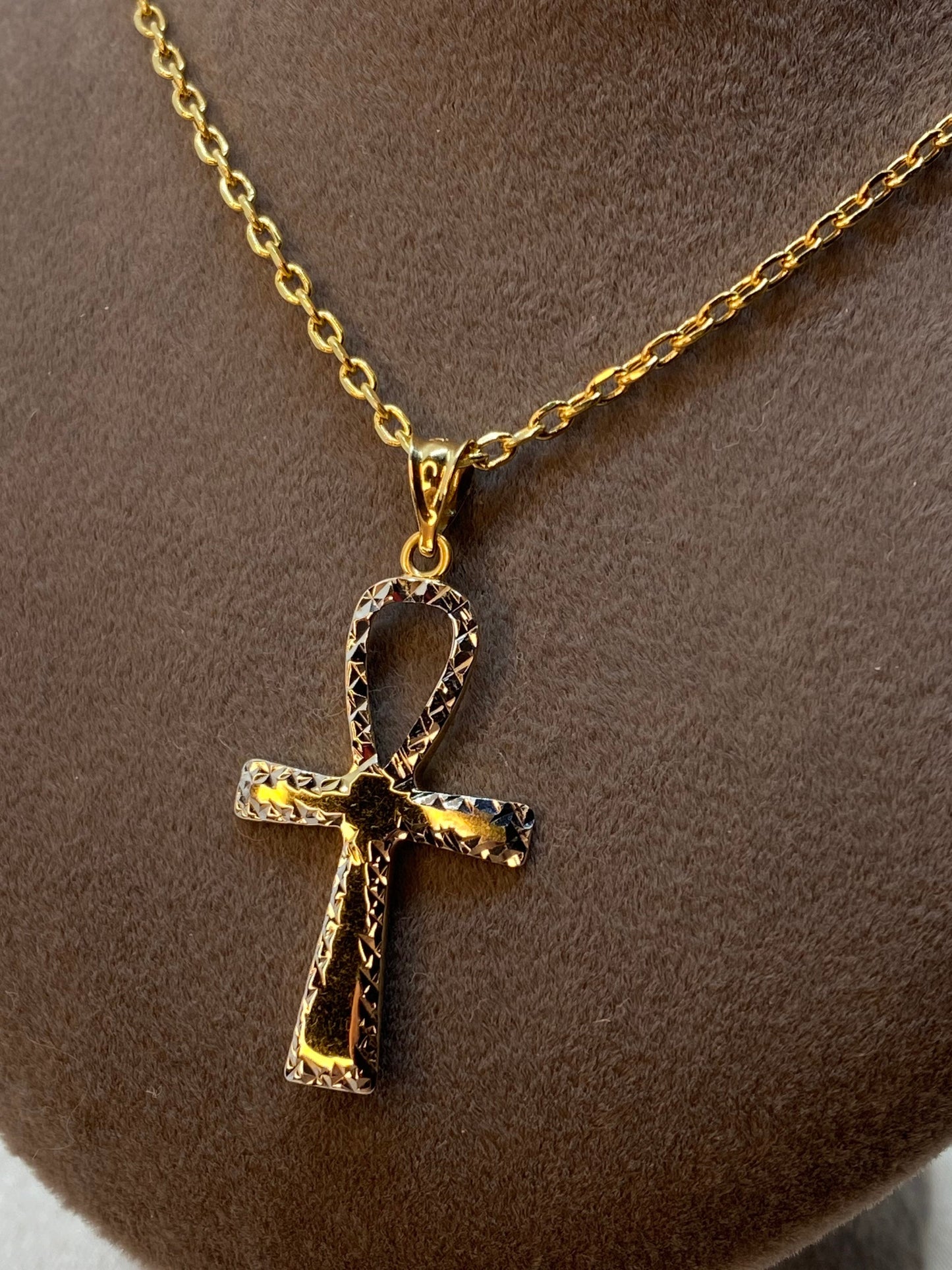 14K Gold Ankh Cross pendant Diamond cut with 18k Gold cable chain 17.5" ,Unique Ankh Cross ,Gold Ankh Cross , For birthday gift ,For Her . .