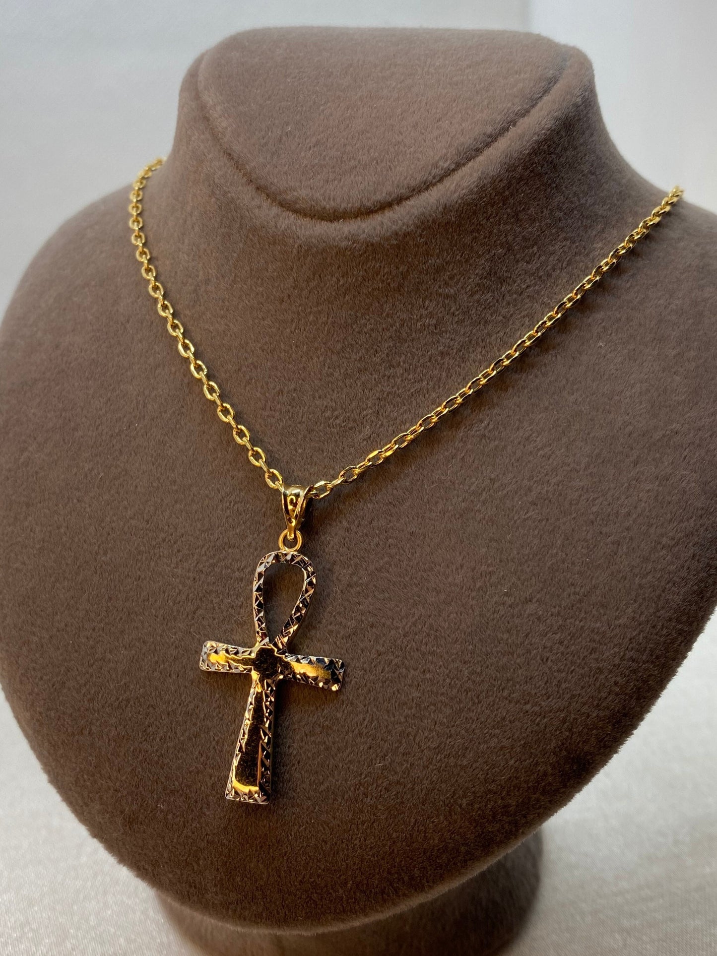 14K Gold Ankh Cross pendant Diamond cut with 18k Gold cable chain 17.5" ,Unique Ankh Cross ,Gold Ankh Cross , For birthday gift ,For Her . .