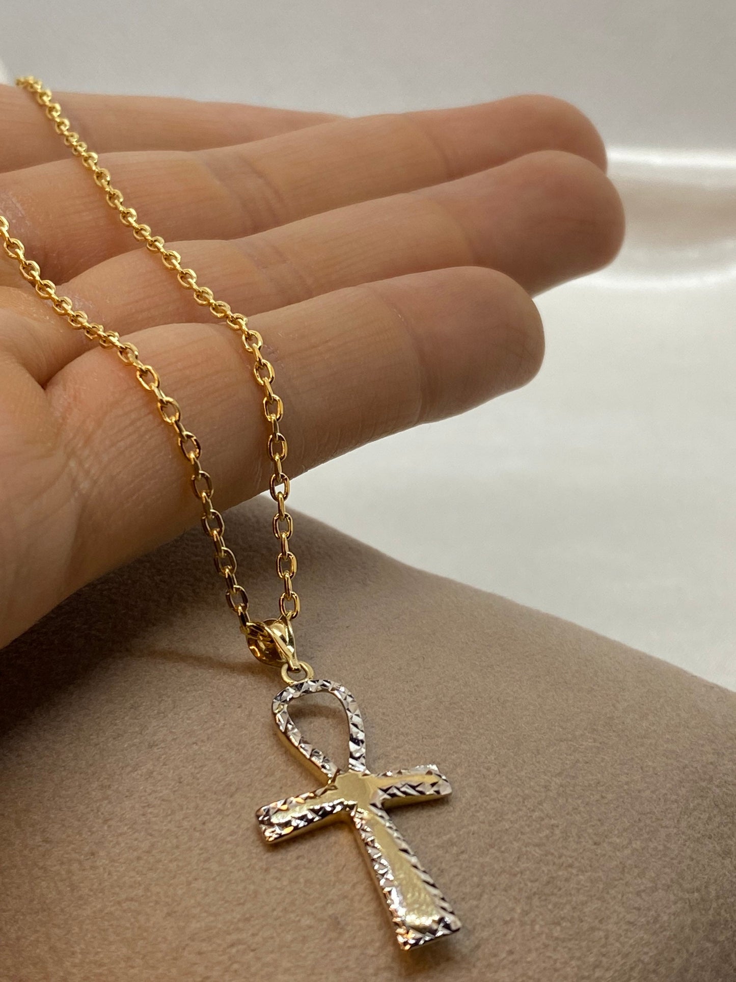 14K Gold Ankh Cross pendant Diamond cut with 18k Gold cable chain 17.5" ,Unique Ankh Cross ,Gold Ankh Cross , For birthday gift ,For Her . .