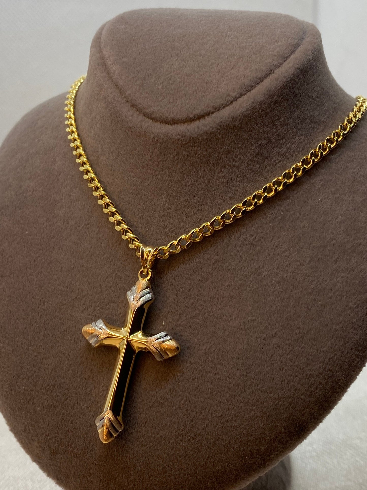 18k Gold Cross Necklace with curb chain Diamond Cut So Shiny and Durable,3mm,Gift for Him , For Her ,Birthday Gift, Valentine's Gift .