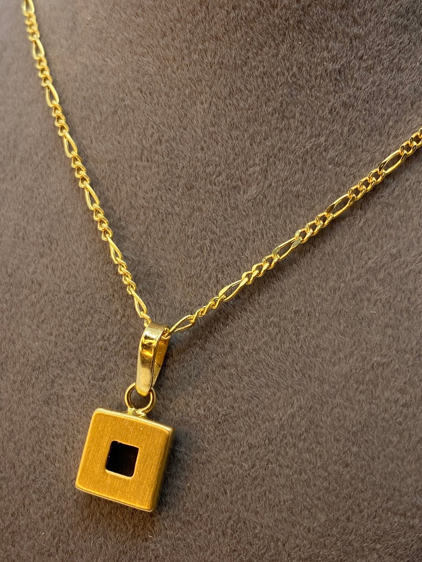 18k solid Gold  square necklace with Figaro chain ,21.5inches ,1.5mm