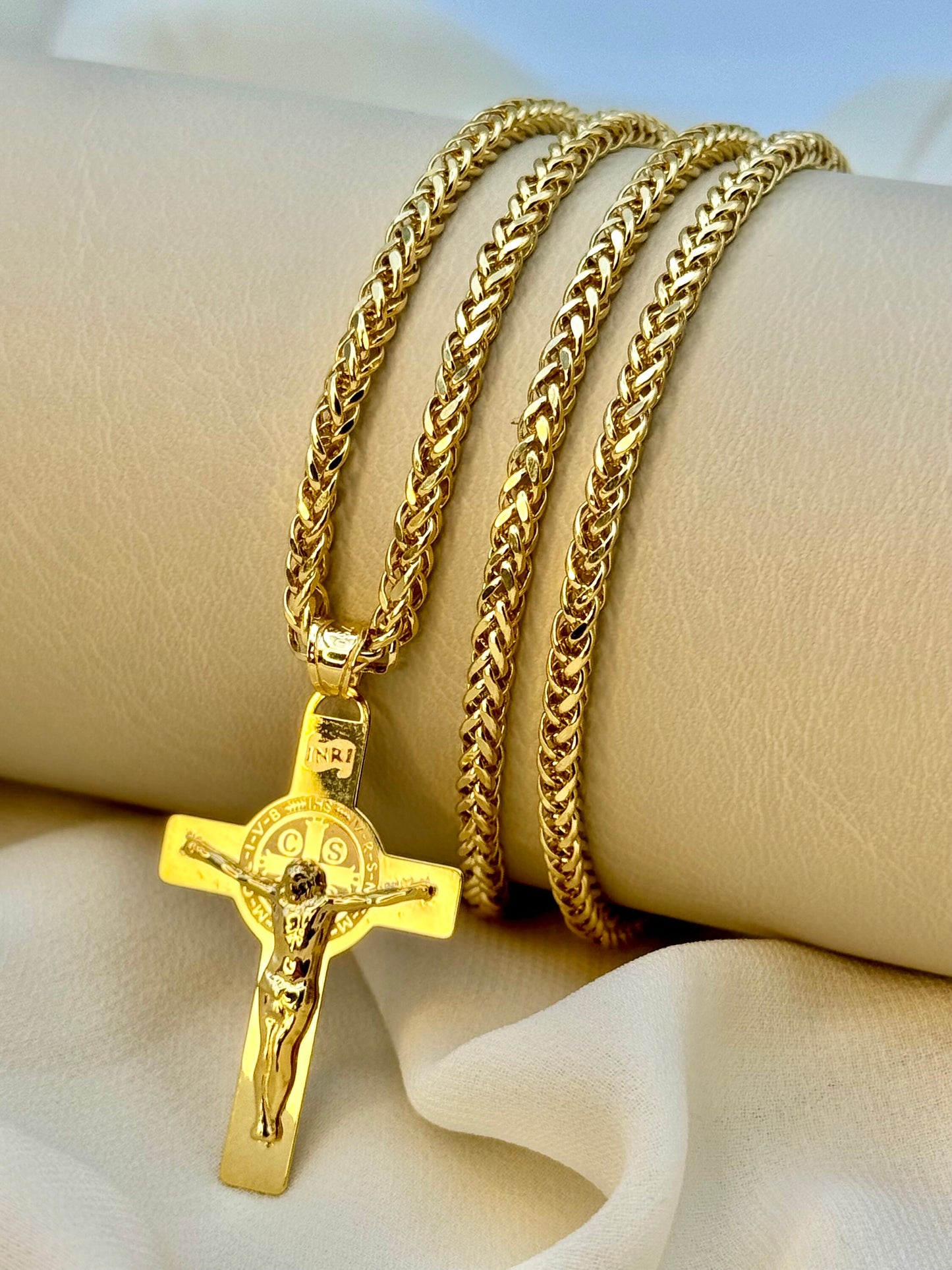 18k Gold Cross Necklace ,Cross Necklace with 3mm Franco Chain ,Gold Cross Necklace , For Him, For Her ,Anniversary Gift ,Birthday Gift.