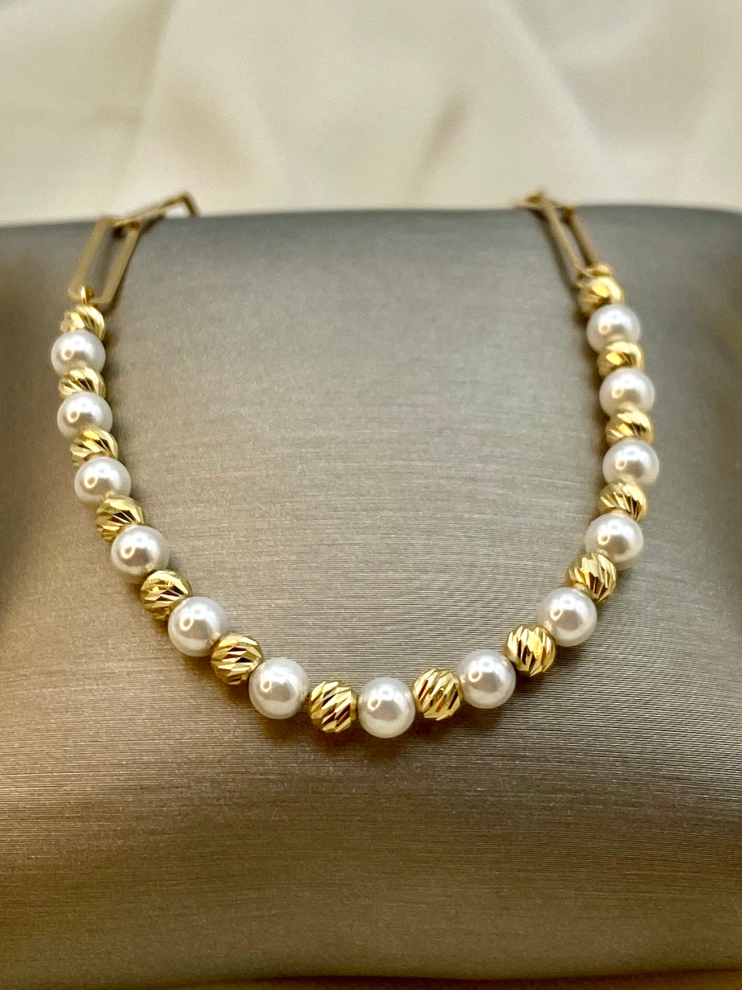 18k Gold paperclip necklace with pearl and Diamond cut GOLD orb design , cultured pearls ,paperclip chain necklace, oval link necklace.