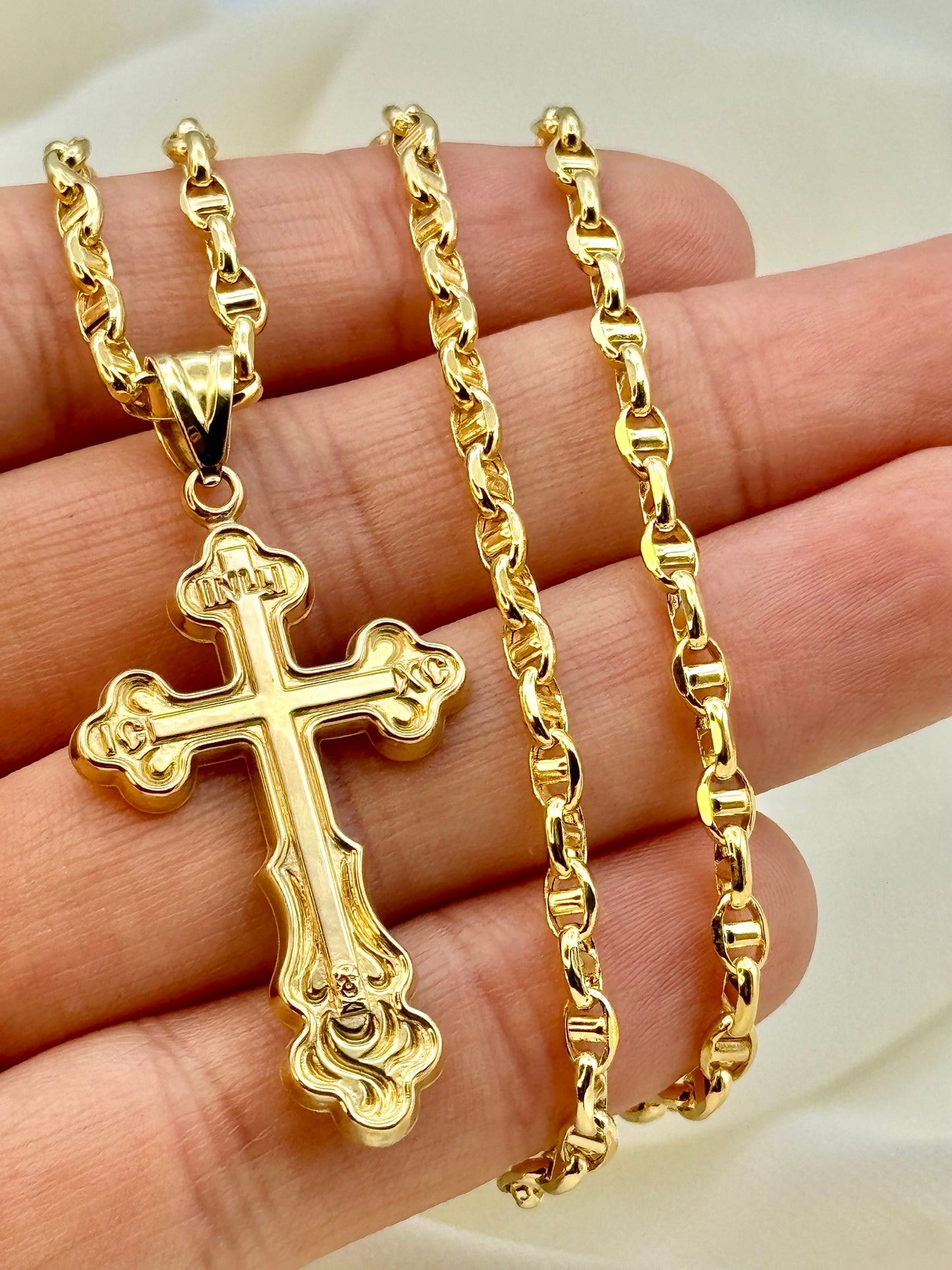 18k Gold Cross Necklace,22" with Anchor chain 3.5mm  ,Cross Necklace  ,Cross Necklace , For Him, For Her ,Anniversary Gift ,Birthday Gift.