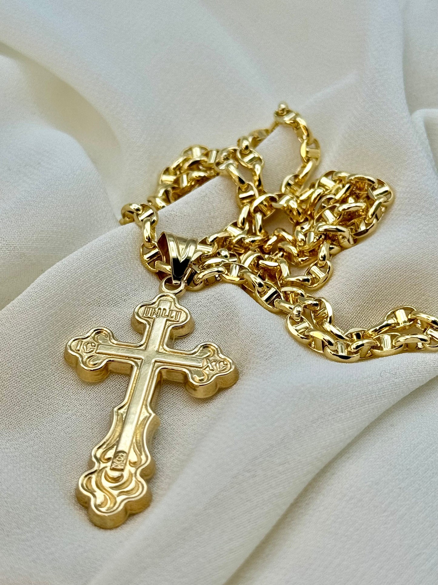 18k Gold Cross Necklace,22" with Anchor chain 3.5mm  ,Cross Necklace  ,Cross Necklace , For Him, For Her ,Anniversary Gift ,Birthday Gift.