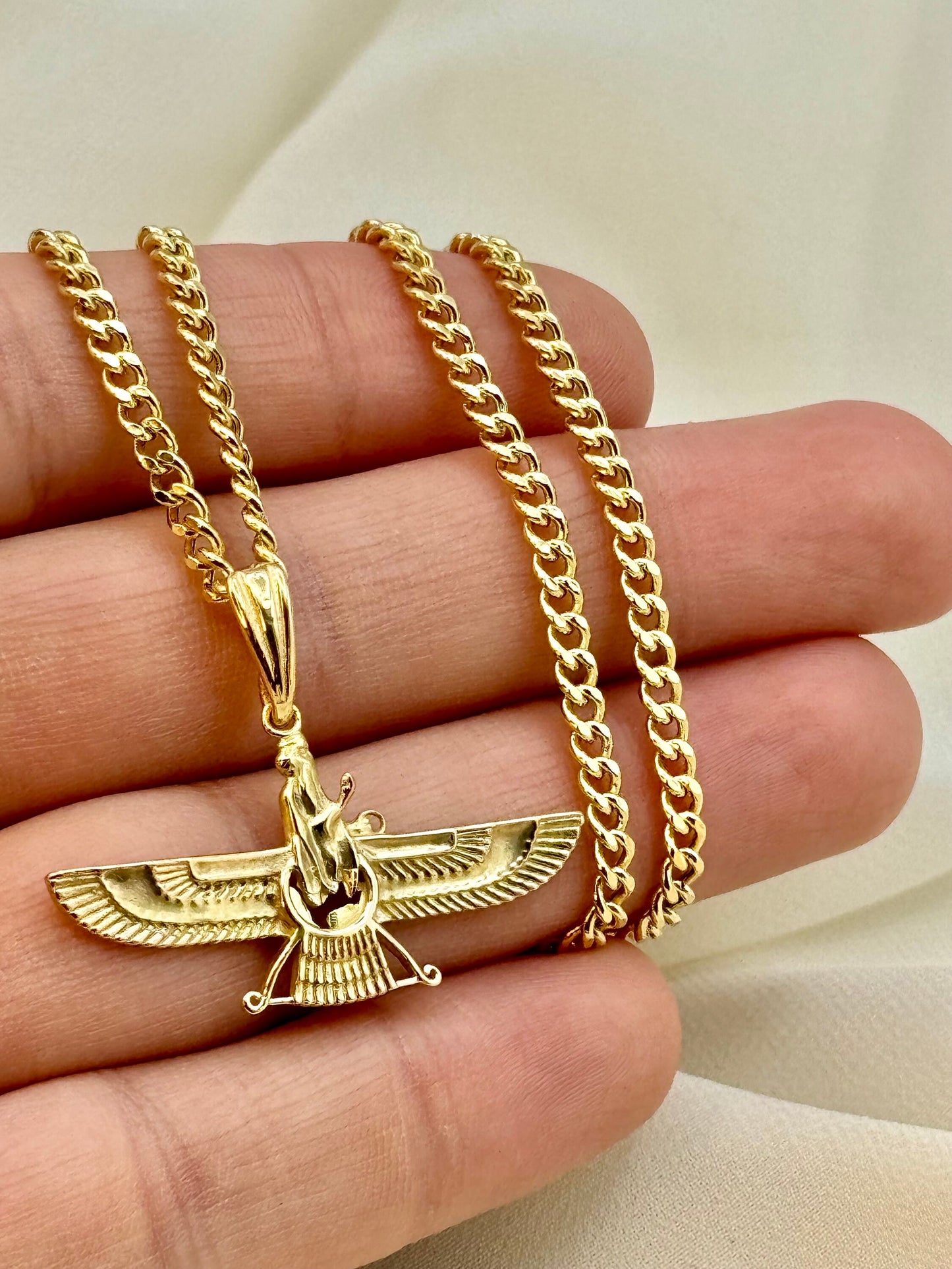 18k Gold Faravahar Necklace, symbol of Ahura Mazda, Handmade in Toronto , with Curb chain 17.5",3 mm, Faravahar symbol of Zoroastrian, Gift.