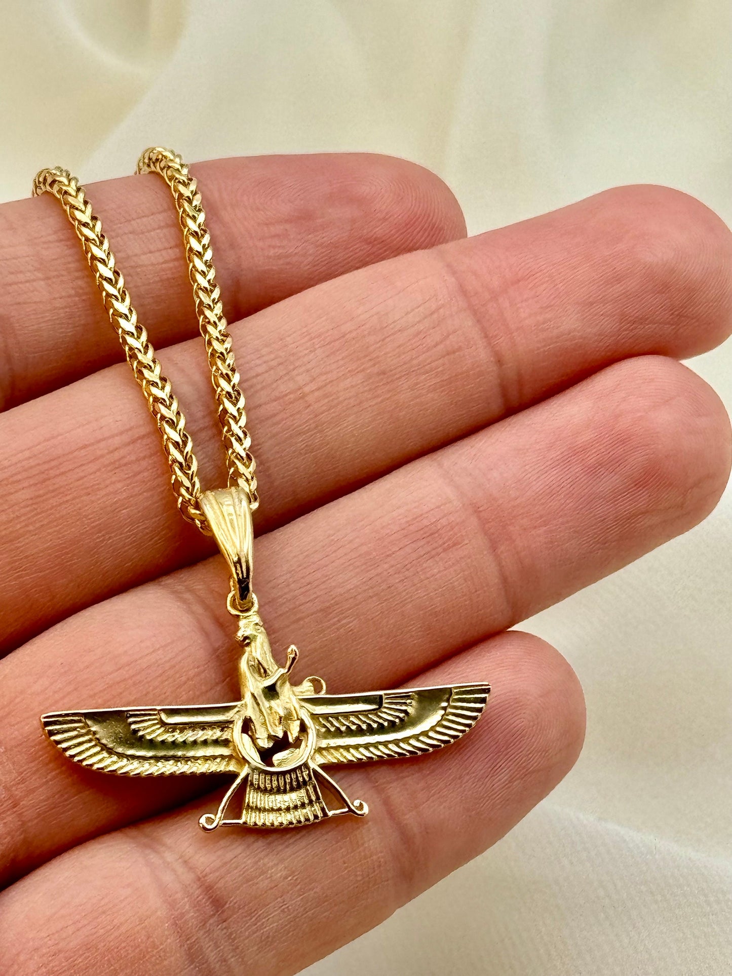 18k Gold Farvahar Necklace, Symbol of Ahura Mazda, With foxtail chain 21.5", 2mm, Faravahar symbol of   the Zoroastrian, Birthday Gift .