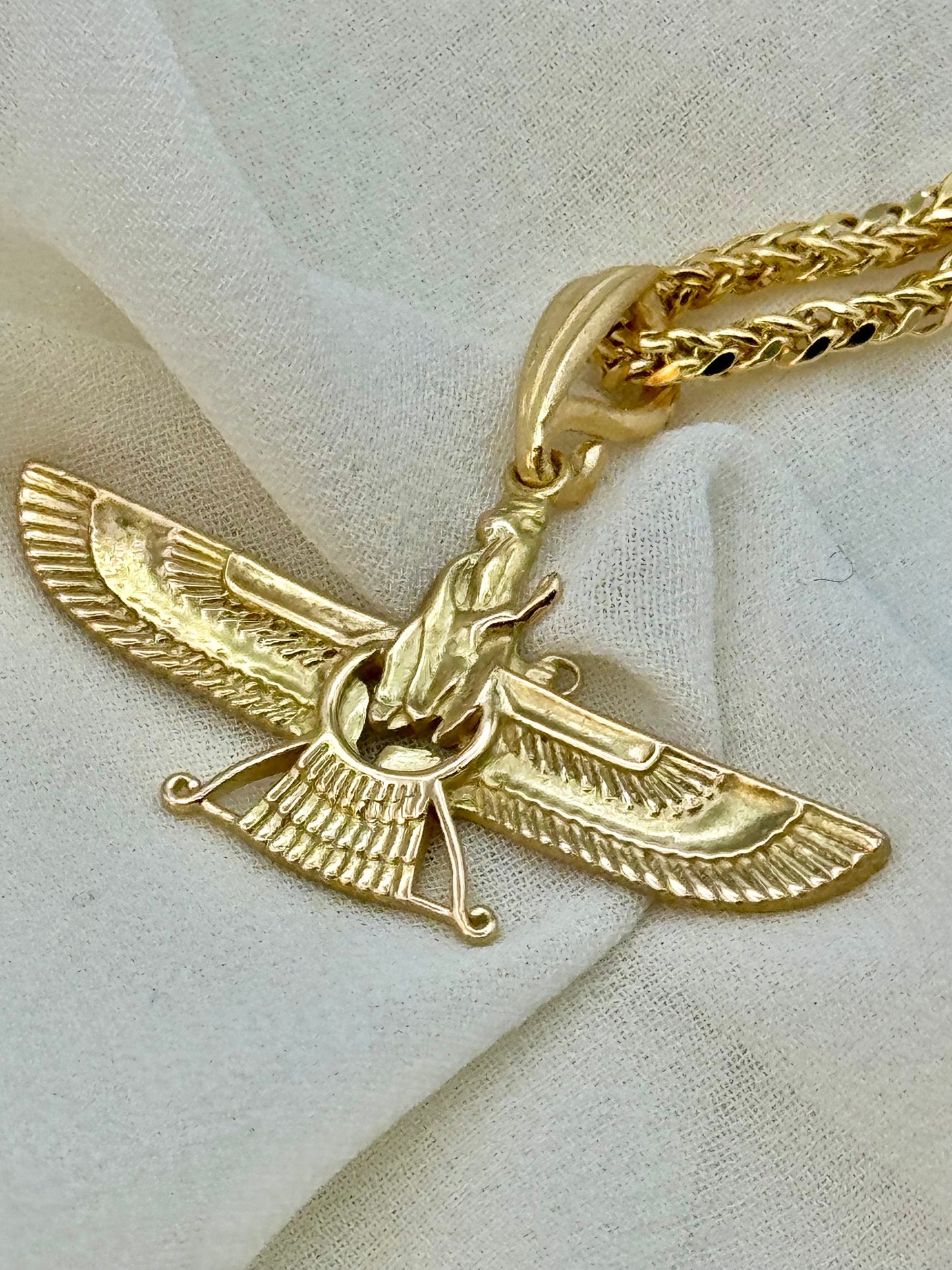 18k Gold Farvahar Necklace, Symbol of Ahura Mazda, With foxtail chain 21.5", 2mm, Faravahar symbol of   the Zoroastrian, Birthday Gift .