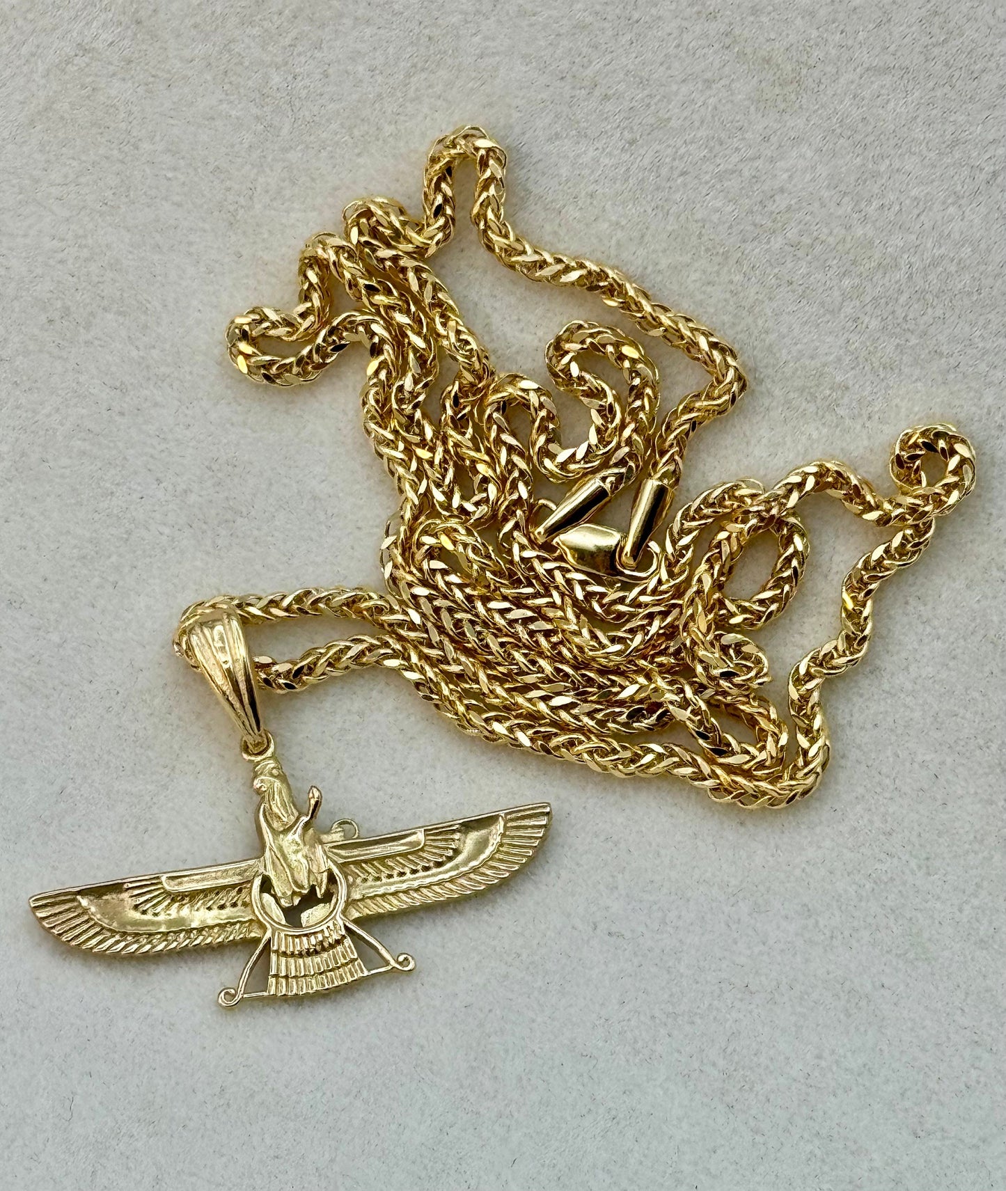 18k Gold Farvahar Necklace, Symbol of Ahura Mazda, With foxtail chain 21.5", 2mm, Faravahar symbol of   the Zoroastrian, Birthday Gift .