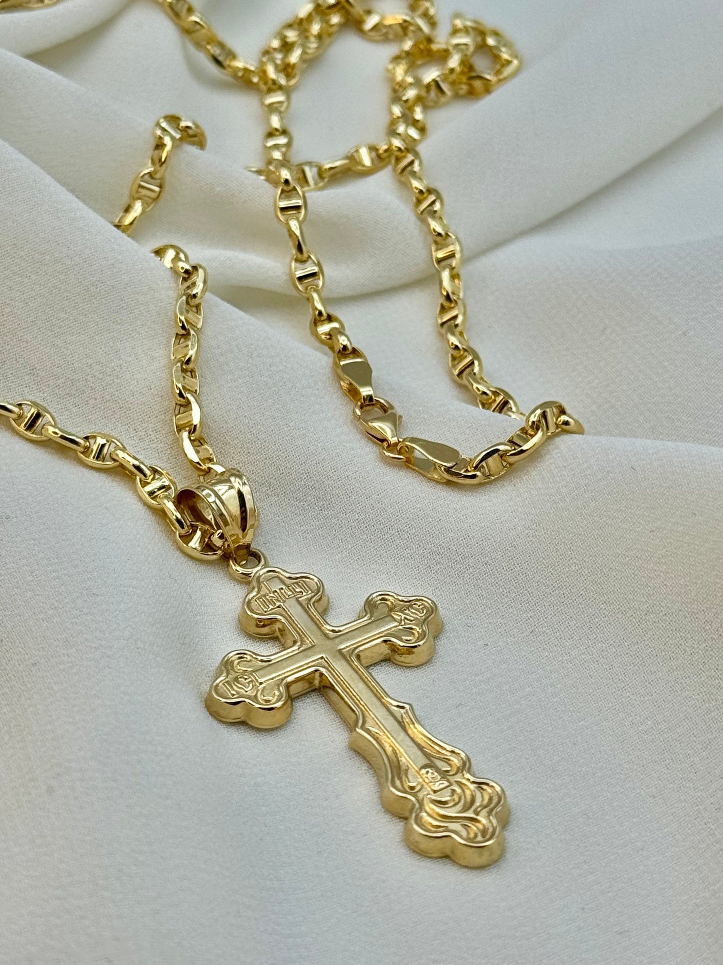 18k Gold Cross Necklace,22" with Anchor chain 3.5mm  ,Cross Necklace  ,Cross Necklace , For Him, For Her ,Anniversary Gift ,Birthday Gift.