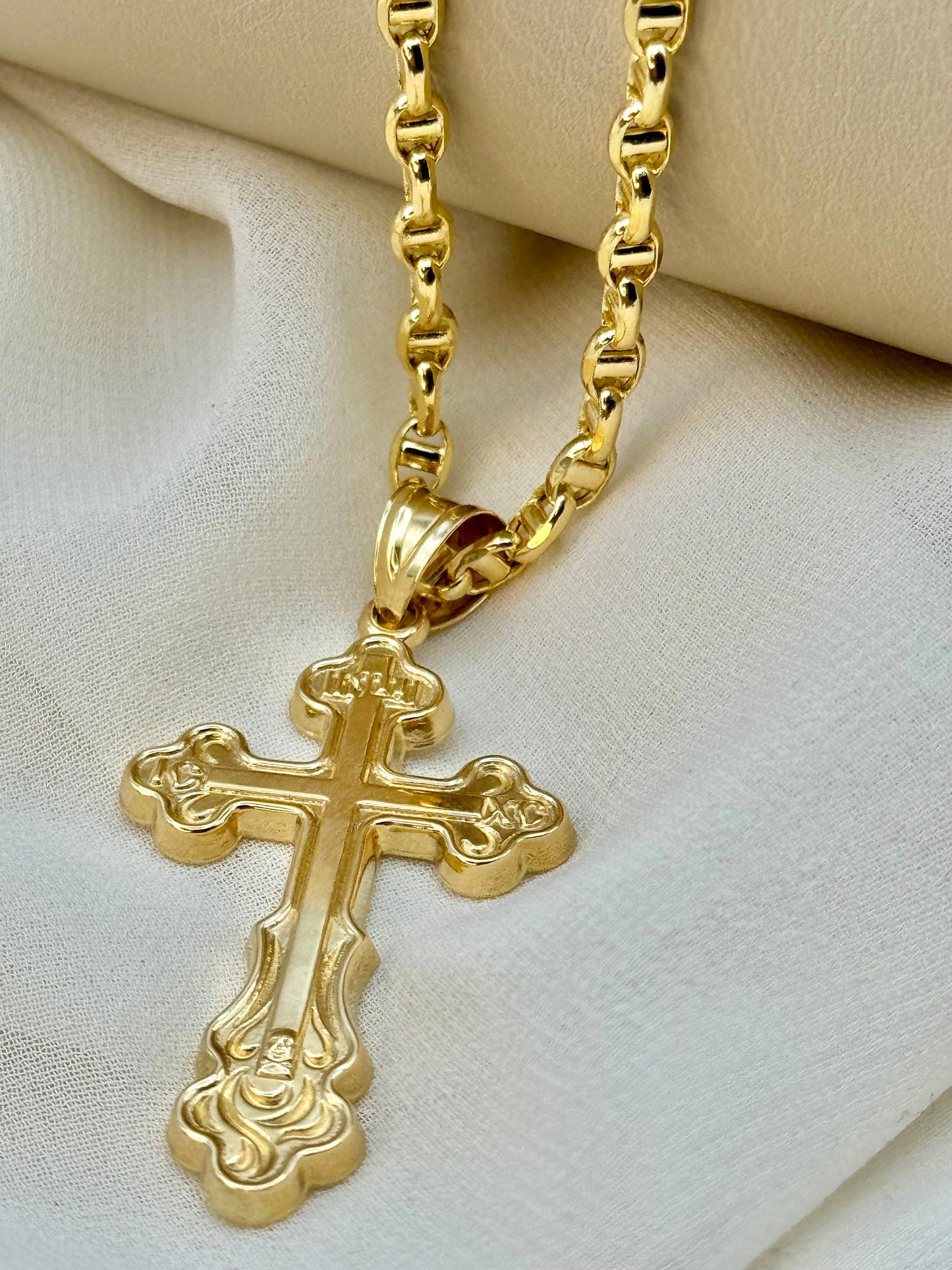 18k Gold Cross Necklace,22" with Anchor chain 3.5mm  ,Cross Necklace  ,Cross Necklace , For Him, For Her ,Anniversary Gift ,Birthday Gift.