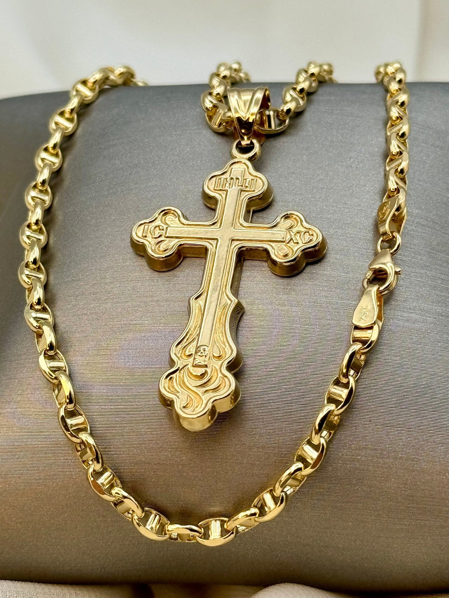 18k Gold Cross Necklace,22" with Anchor chain 3.5mm  ,Cross Necklace  ,Cross Necklace , For Him, For Her ,Anniversary Gift ,Birthday Gift.