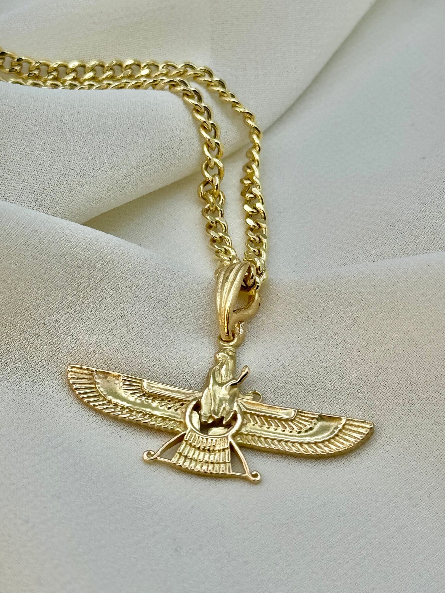 18k Gold Faravahar Necklace, symbol of Ahura Mazda, Handmade in Toronto , with Curb chain 17.5",3 mm, Faravahar symbol of Zoroastrian, Gift.