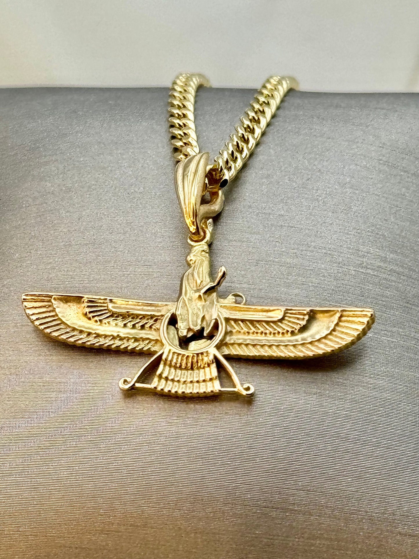 18k Gold Faravahar Necklace, symbol of Ahura Mazda, Handmade in Toronto , with Curb chain 17.5",3 mm, Faravahar symbol of Zoroastrian, Gift.