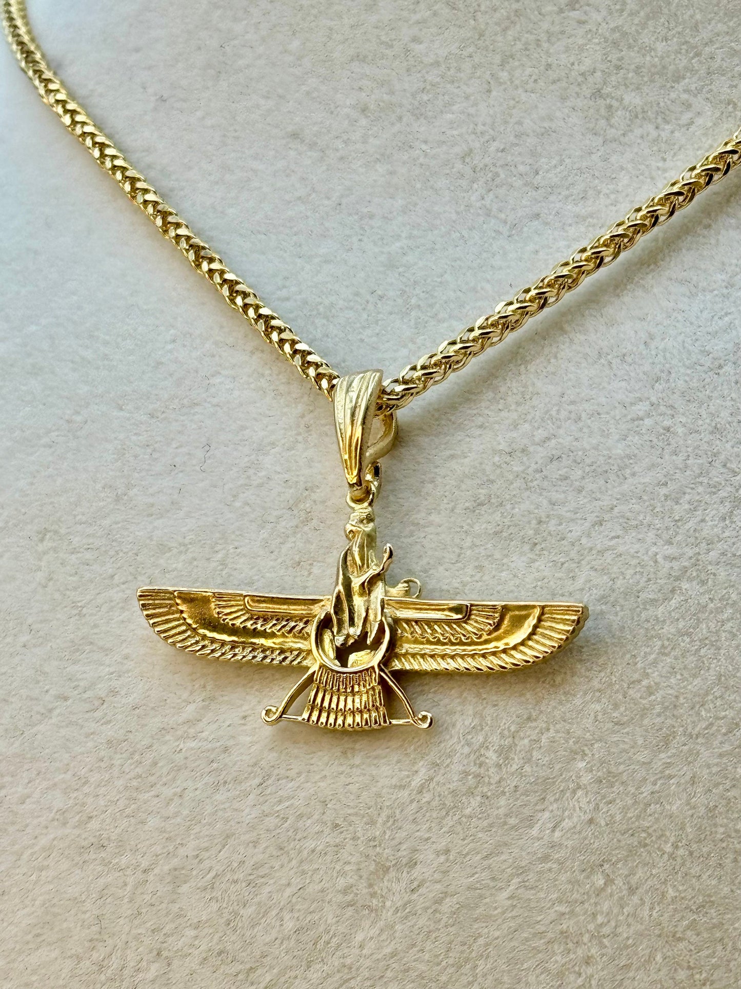 18k Gold Farvahar Necklace, Symbol of Ahura Mazda, With foxtail chain 21.5", 2mm, Faravahar symbol of   the Zoroastrian, Birthday Gift .