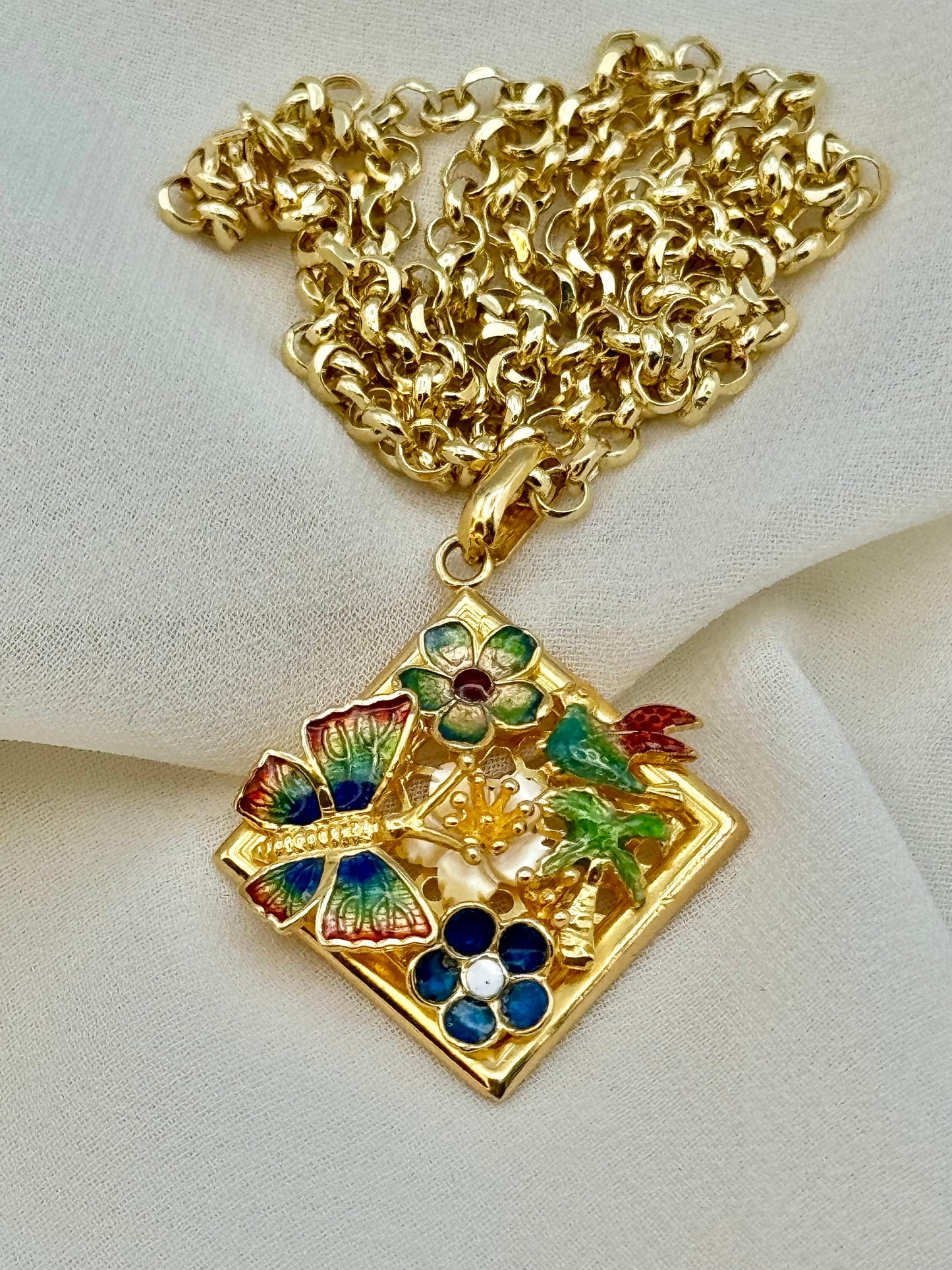 18k solid Gold Colorful Butterfly Necklace - Solid Gold Color Butterfly and flower Necklace ,Birthday Gift,Gift For Her - Anniversary Gift .