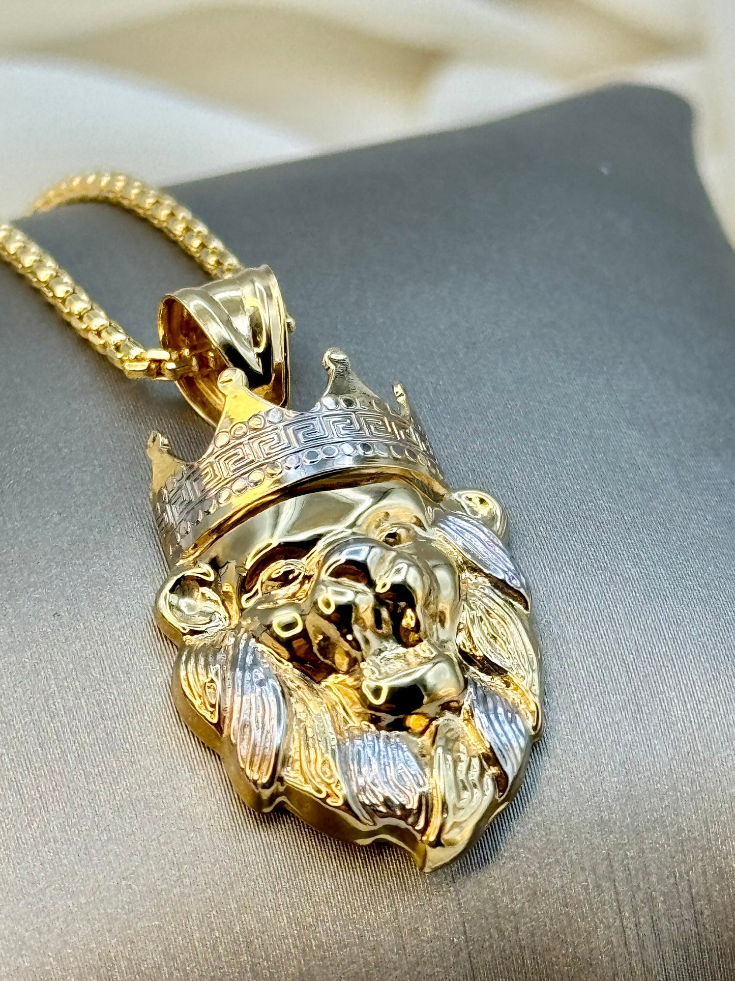 18k Gold Lion Necklace  with Crown , 18k Gold Box chain , Symbol of leadership and Power , Birthday Gift, Christmas Gift, Anniversary Gift.