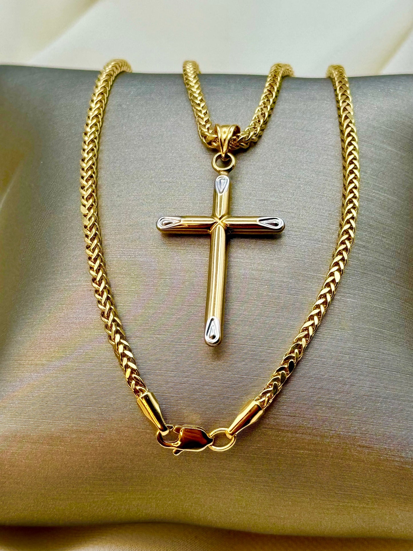 18k Gold Cross necklace , 18k Real Gold Foxtail chain with Cross pendant , For Him , Birthday Gift , Anniversary Gift ,Gold Cross Necklace .