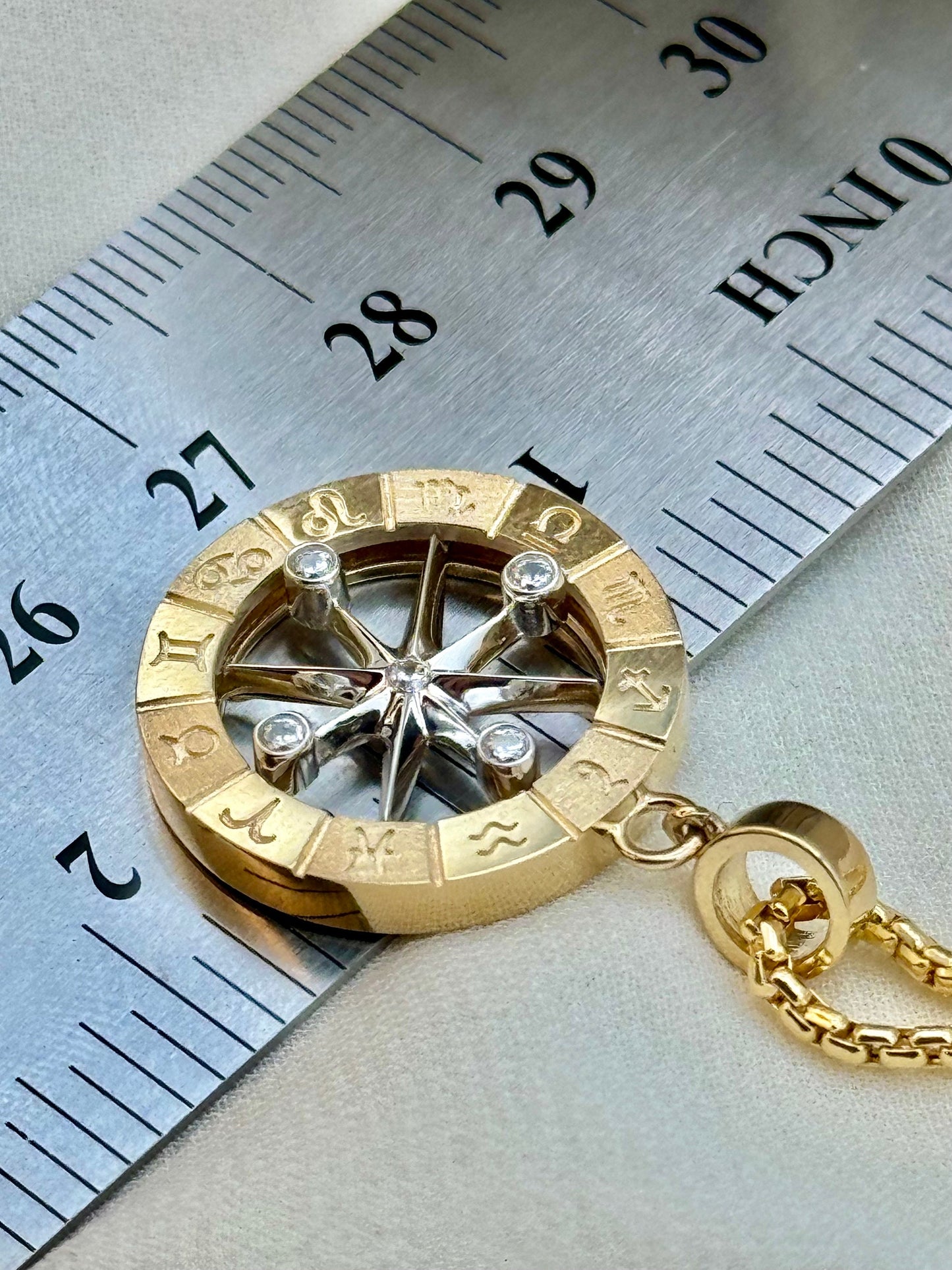 Handcrafted 14K Solid Gold Compass Necklace with 18k Handmade Byzantine Chain 24", 2.3mm - Birth Signs, Custom Pendant, Traveler Gift.