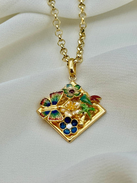 18k solid Gold Colorful Butterfly Necklace - Solid Gold Color Butterfly and flower Necklace ,Birthday Gift,Gift For Her - Anniversary Gift .