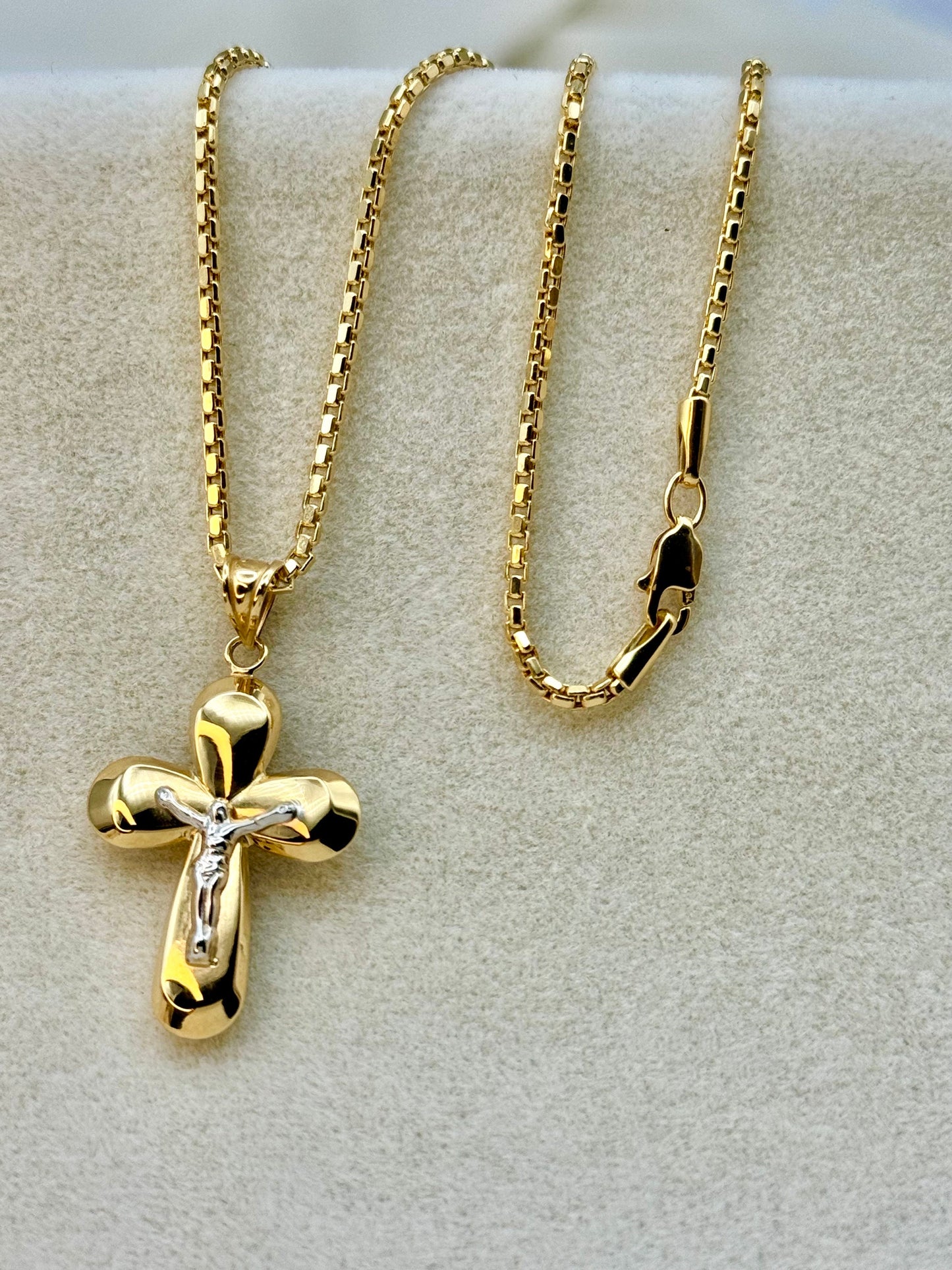 18k Gold Cross Necklace with Box chain 2 mm ,19.5" ,Cross Pendant ,Gold Cross Necklace , For Him, For Her ,Anniversary Gift ,Birthday Gift.