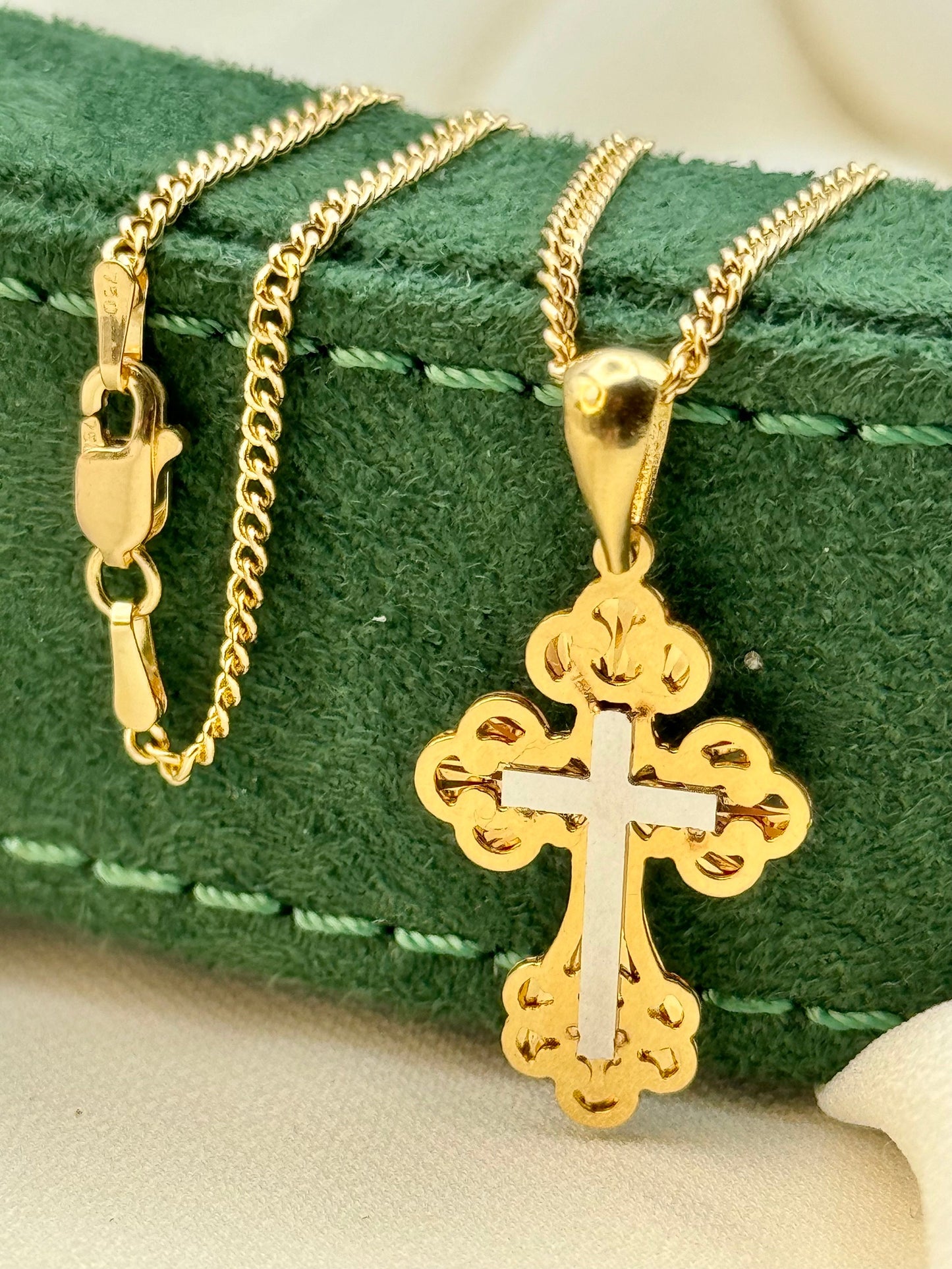 18K Solid Gold Cross Necklace with 2mm Curb Chain – Real Gold Pendant for Him or Her, Religious Jewelry, Birthday & Anniversary Gift