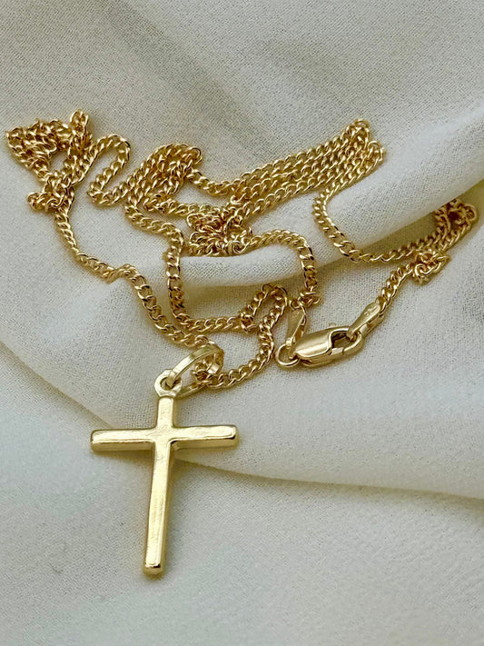 18k solid Gold Cross Necklace with curb chain Diamond Cut So Shiny and Durable, 20 inches,2mm,Gift for Him , For Her ,Birthday Gift.