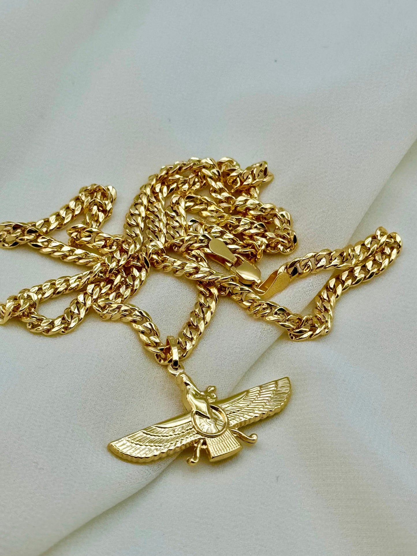 18k Gold Faravahar Necklace, symbol of Ahura Mazda, Handmade in Toronto , with Curb chain 21.5",4 mm, Faravahar symbol of Zoroastrian, Gift.