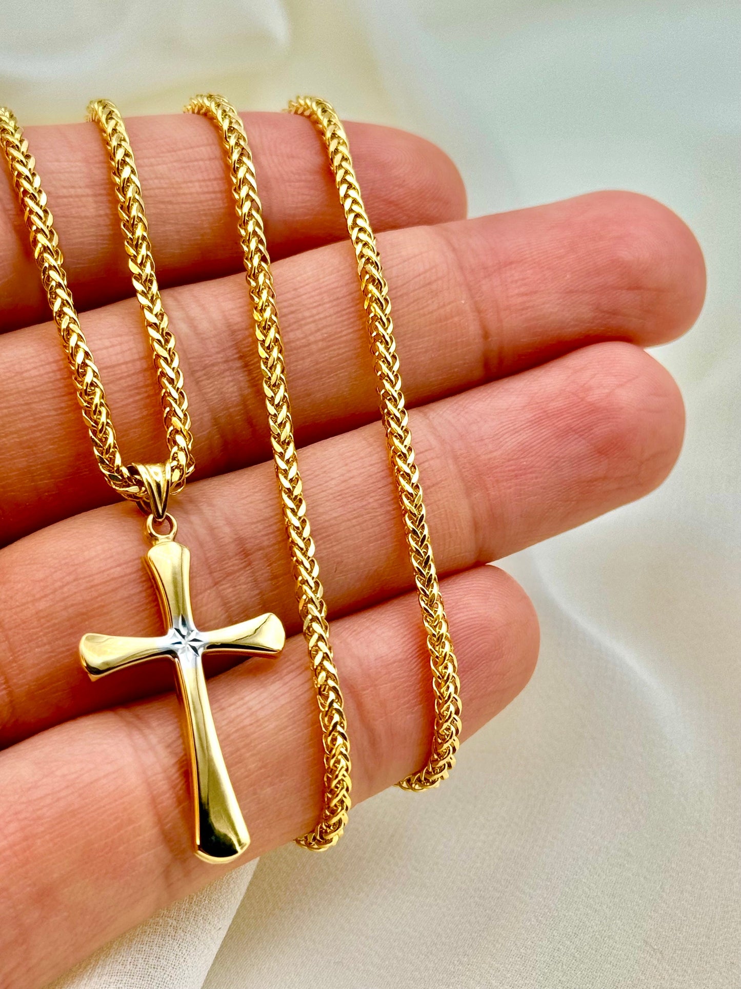 18k Gold Cross Necklace, Cross Necklace with Franco Chain ,Gold Cross Necklace , For Him, For Her ,Anniversary Gift ,Birthday Gift.