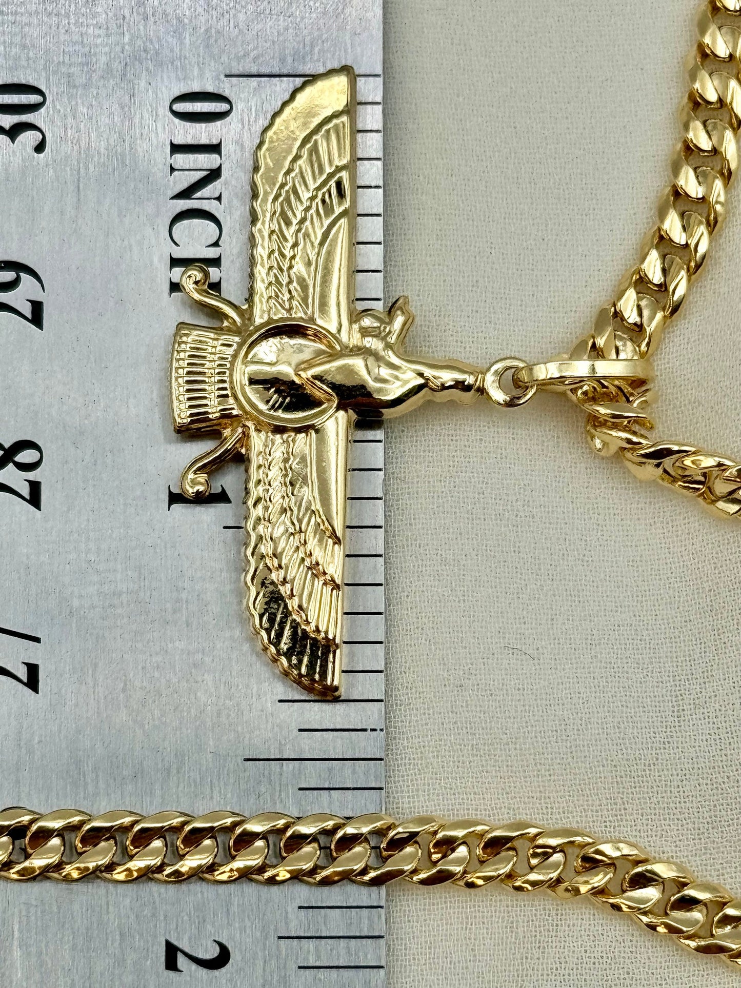 18k Gold Faravahar Necklace, symbol of Ahura Mazda, Handmade in Toronto , with Curb chain 21.5",4 mm, Faravahar symbol of Zoroastrian, Gift.