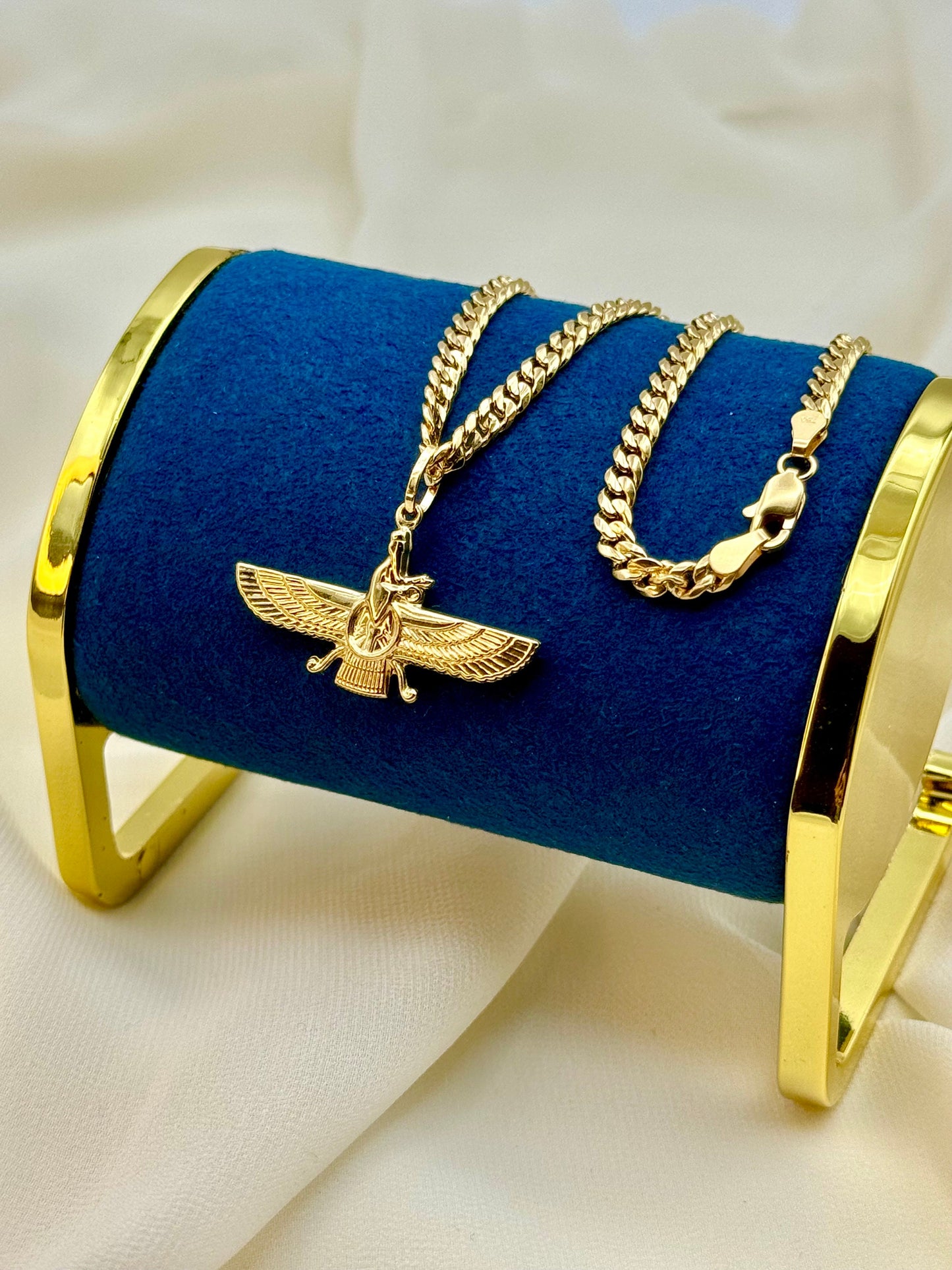 18k Gold Faravahar Necklace, symbol of Ahura Mazda, Handmade in Toronto , with Curb chain 21.5",4 mm, Faravahar symbol of Zoroastrian, Gift.