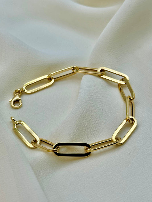 18k Gold Paper Clip Bracelet, chunky Link, pure 18k Gold , For Women, For Girlfriend, For Mom, Birthday  Gift, Anniversary Gift.