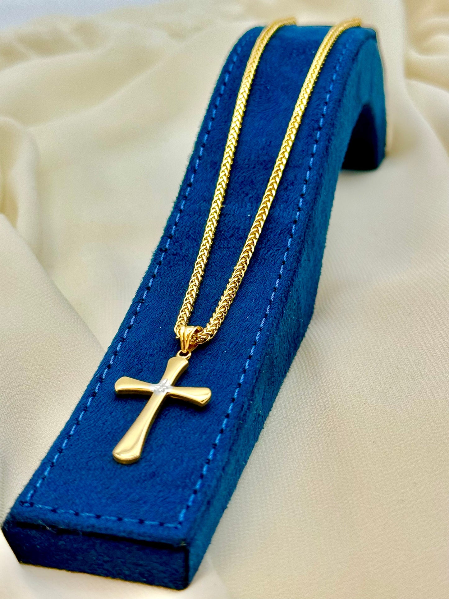 18k Gold Cross Necklace, Cross Necklace with Franco Chain ,Gold Cross Necklace , For Him, For Her ,Anniversary Gift ,Birthday Gift.