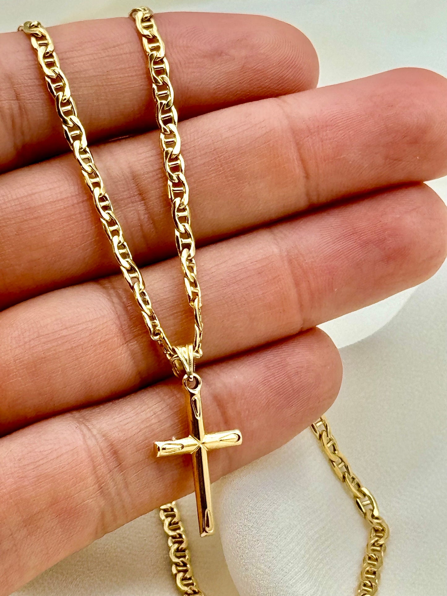 18k Real Gold Cross Necklace with Anchor chain, 18 inches, 3mm, 18k Cross Necklace , For her ,For Him, Birthday Gift, Gift.