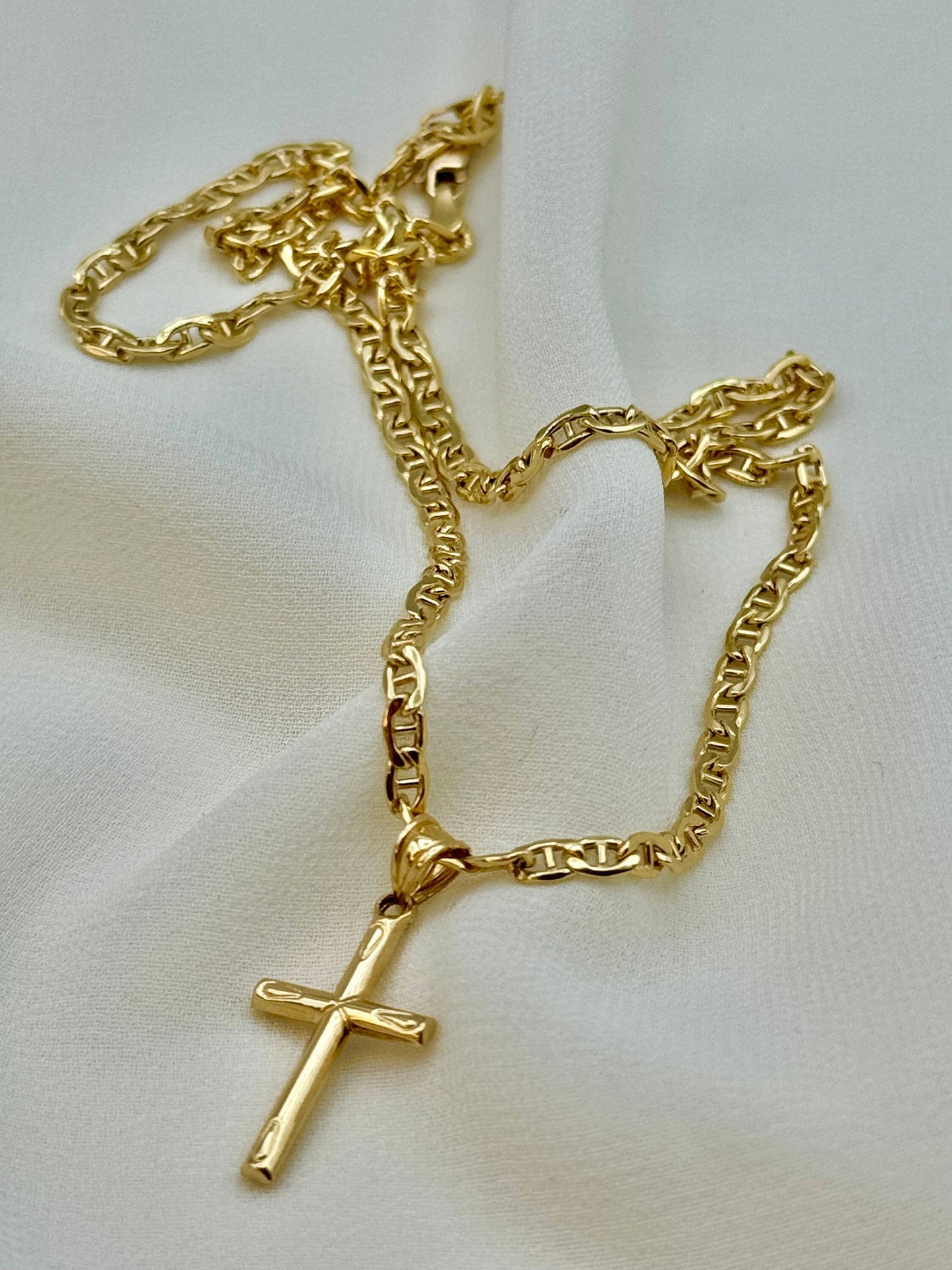 18k Real Gold Cross Necklace with Anchor chain, 18 inches, 3mm, 18k Cross Necklace , For her ,For Him, Birthday Gift, Gift.