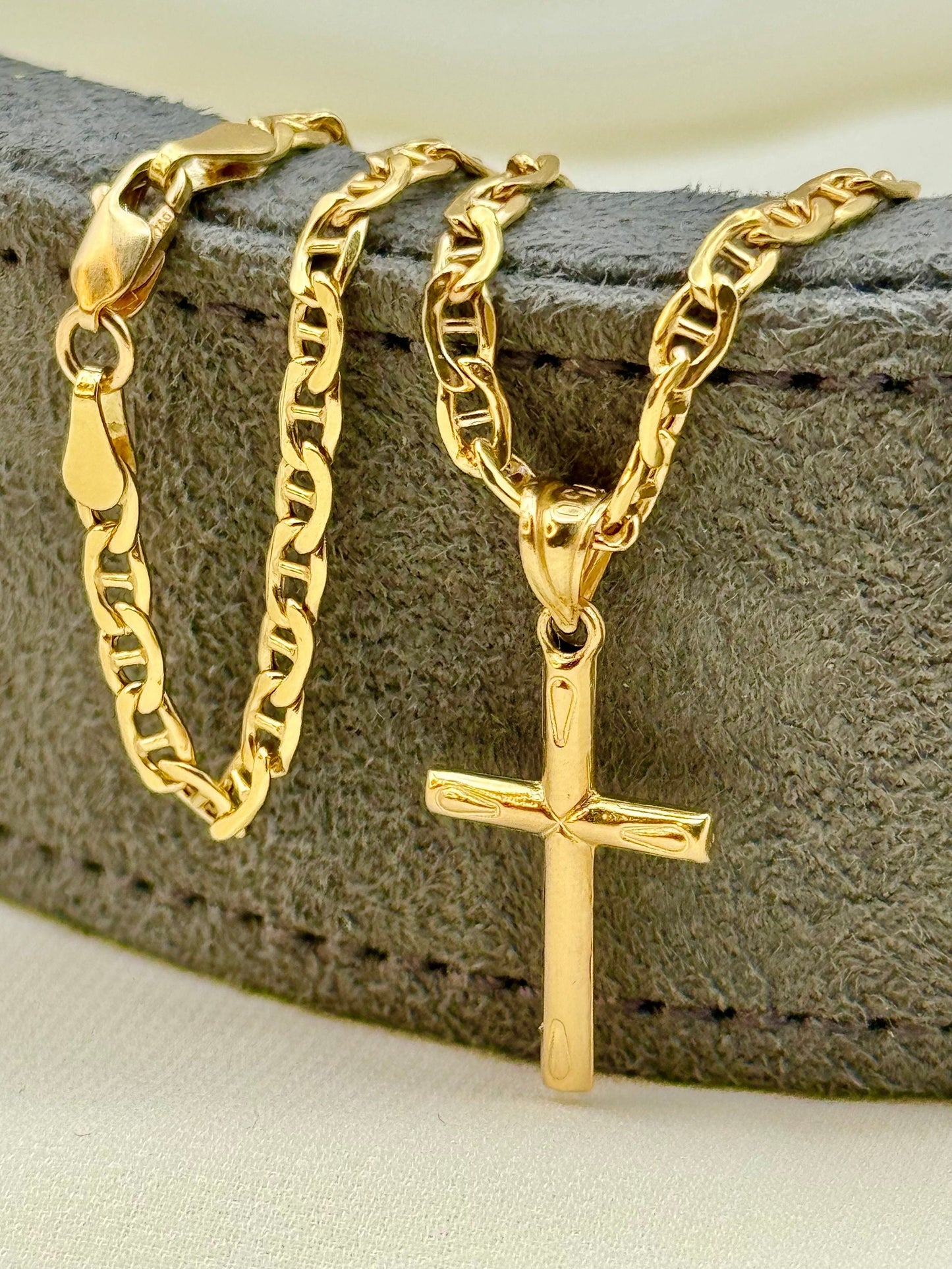 18k Real Gold Cross Necklace with Anchor chain, 18 inches, 3mm, 18k Cross Necklace , For her ,For Him, Birthday Gift, Gift.