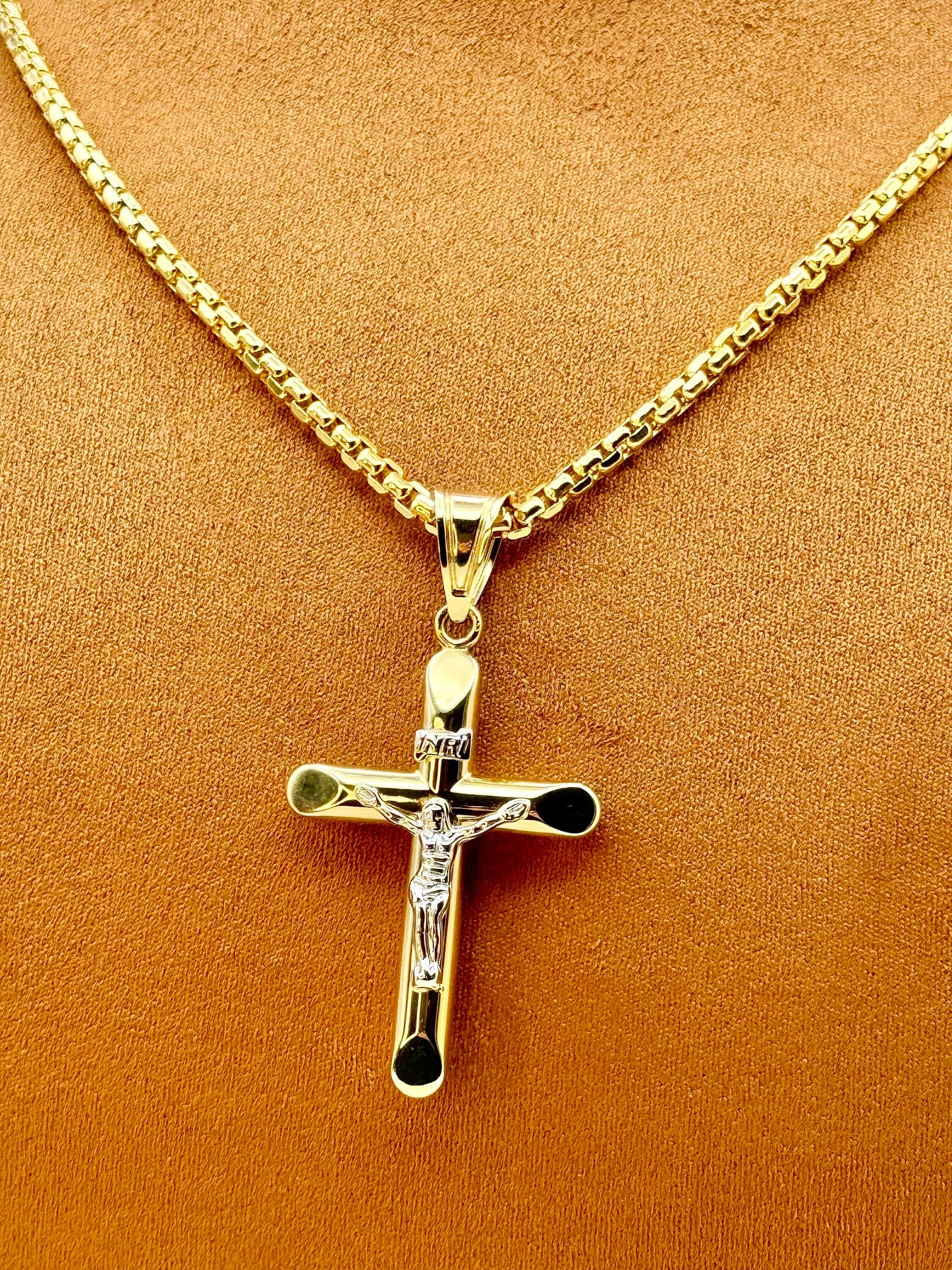 14k Gold Cross Necklace, Crucifix Cross Pendant - INRI Jesus Christ, Box chain 3.5 mm ,24" ,22",Cross Pendant ,Gold Cross Necklace, Gift.