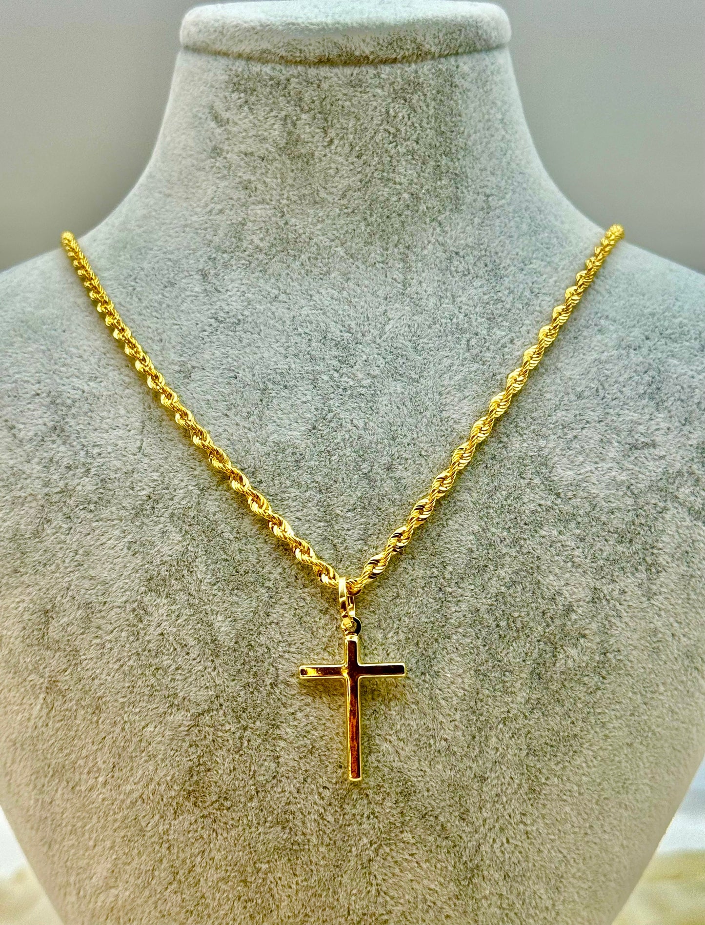 18k Real Gold Cross Necklace 21.5" and 20” ,3mm, 18k Rope chain, Gold Cross Necklace , For Him, For Her ,Anniversary Gift ,Birthday Gift.