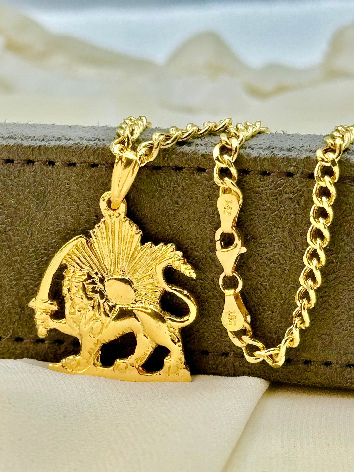 18k Solid Gold Shir o Khorshid Handmade, Lion and Sun Necklace ,19.5",4mm, Symbol of Pahlavi, Made in Toronto, For Gift, Birthday gift .