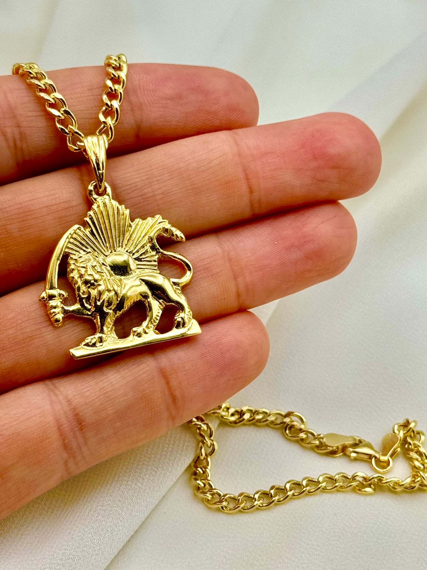 18k Solid Gold Shir o Khorshid Handmade, Lion and Sun Necklace ,19.5",4mm, Symbol of Pahlavi, Made in Toronto, For Gift, Birthday gift .