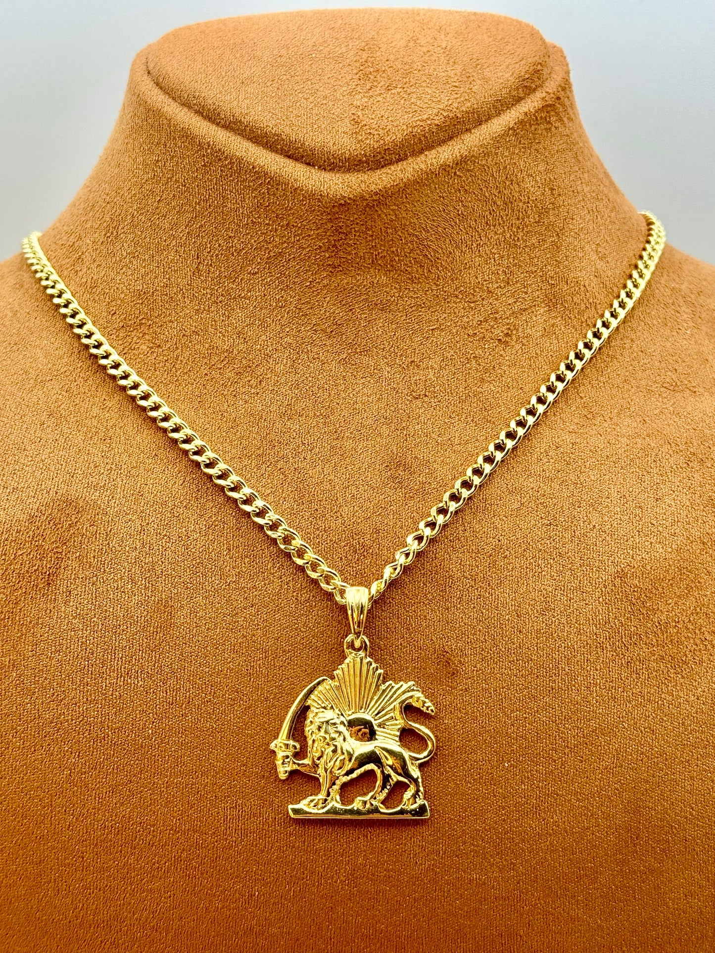 18k Solid Gold Shir o Khorshid Handmade, Lion and Sun Necklace ,19.5",4mm, Symbol of Pahlavi, Made in Toronto, For Gift, Birthday gift .