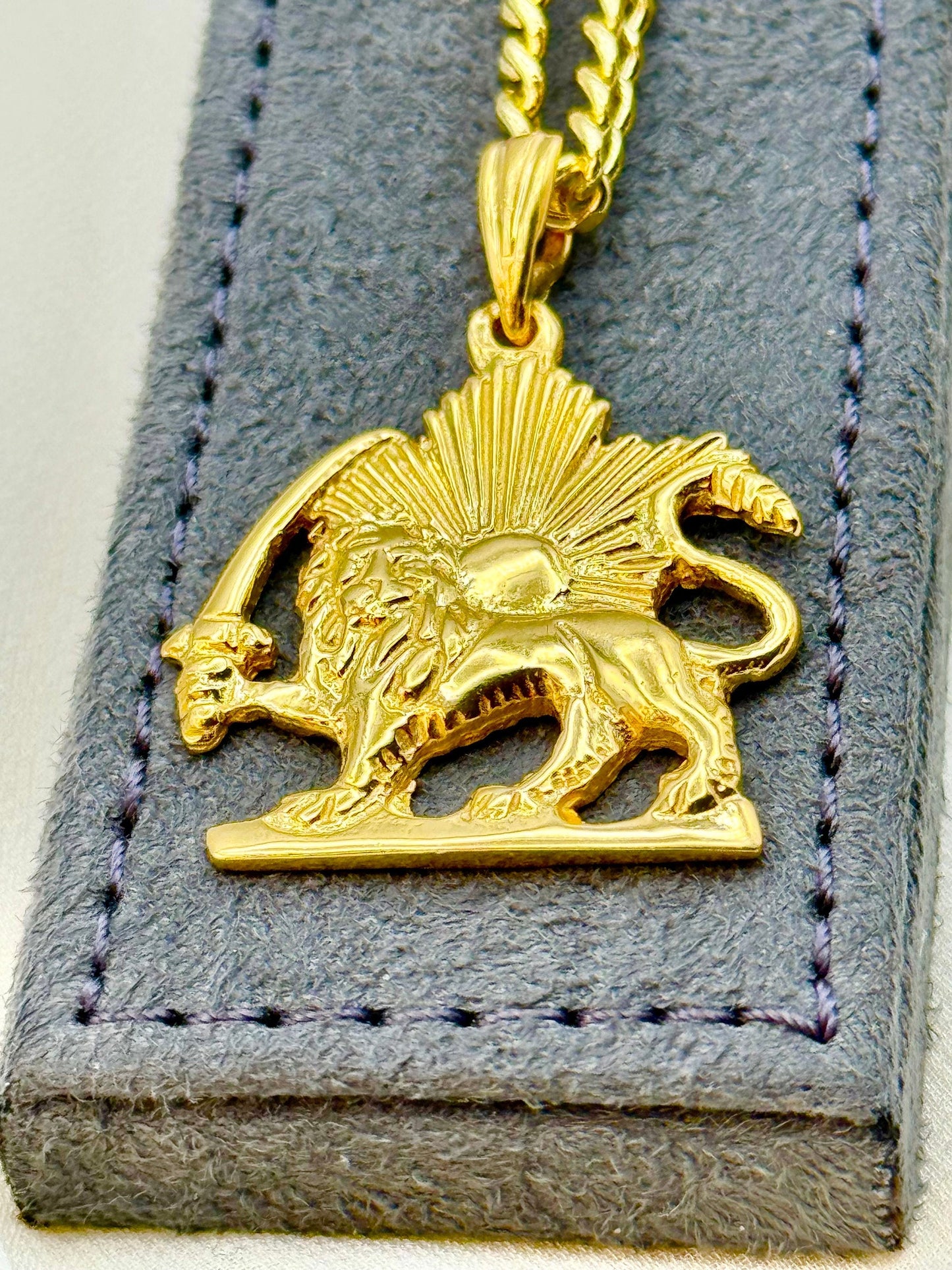 18k Solid Gold Shir o Khorshid Handmade, Lion and Sun Necklace ,19.5",4mm, Symbol of Pahlavi, Made in Toronto, For Gift, Birthday gift .