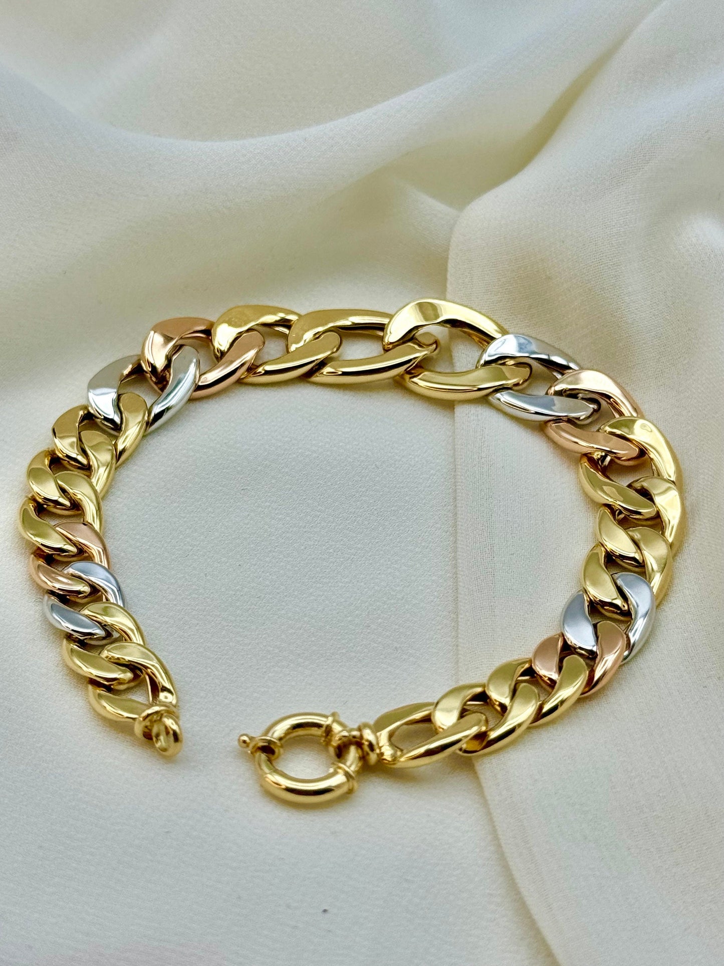 18k Gold Curb Bracelet, 12mm, 8 inches, Real Gold 18k Cuban link, 18k Curb, Tri-Color Gold Cable Bracelet –18k (Rose, White, Yellow).