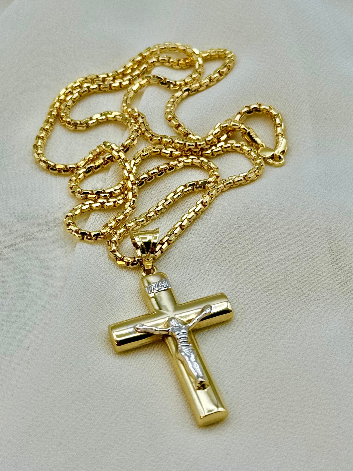 14k Solid Gold Cross Necklace with Box chain 2.5mm, 14k Round Box chain, Cross Necklace, For Him, For Her, Anniversary Gift, Birthday Gift.